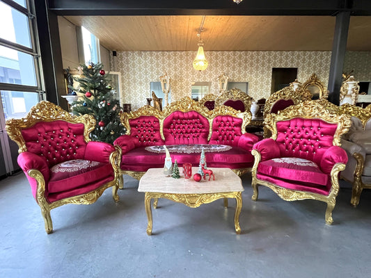 Sofa Set French Louis Style in Tufted Velvet Red Baroque Rococo Style Settee Bordeaux Color Velvet in Gold Finish for Home Decor