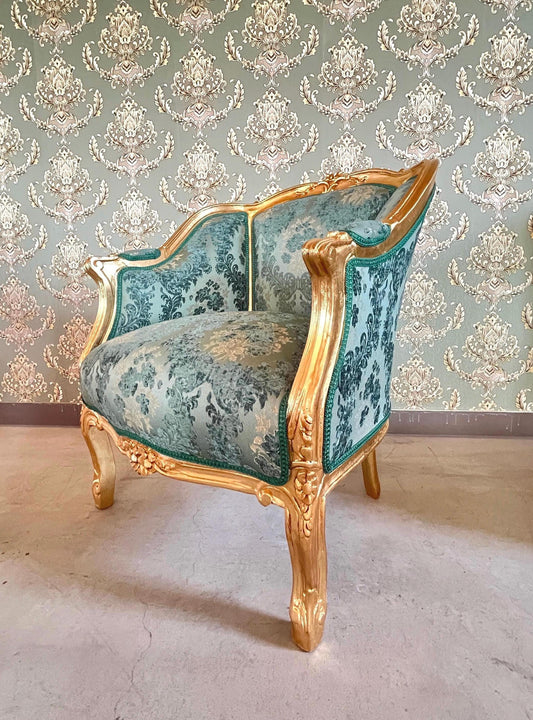Armchair French Louis Style Shell Shape Chair Nostalgic Baroque Style in Velvet Turquoise for Living Room Home Decor for Hotel Lounge Room