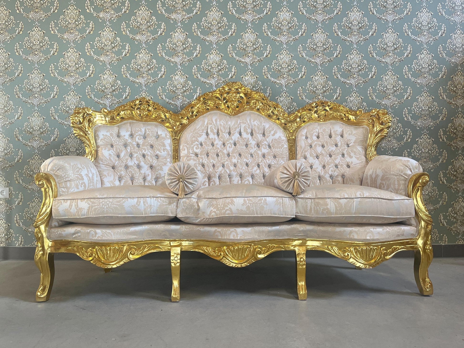 Sofa Set French Louis XV Style Tufted Velvet in Ivory Color in Gold Finish Marble Top Coffee Table Retro Baroque Style Sofa Set