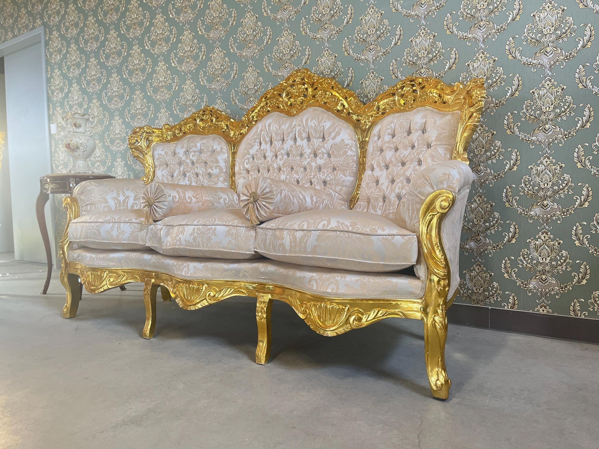 Sofa Set French Louis XV Style Tufted Velvet in Ivory Color in Gold Finish Marble Top Coffee Table Retro Baroque Style Sofa Set