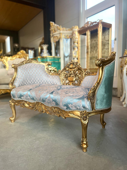 Love Seat Royal Baroque Style Bench Sky Blue Damask Flower Pattern Antique Style Couch in Gold Finish for Housewarming Party Xmas Home Gift