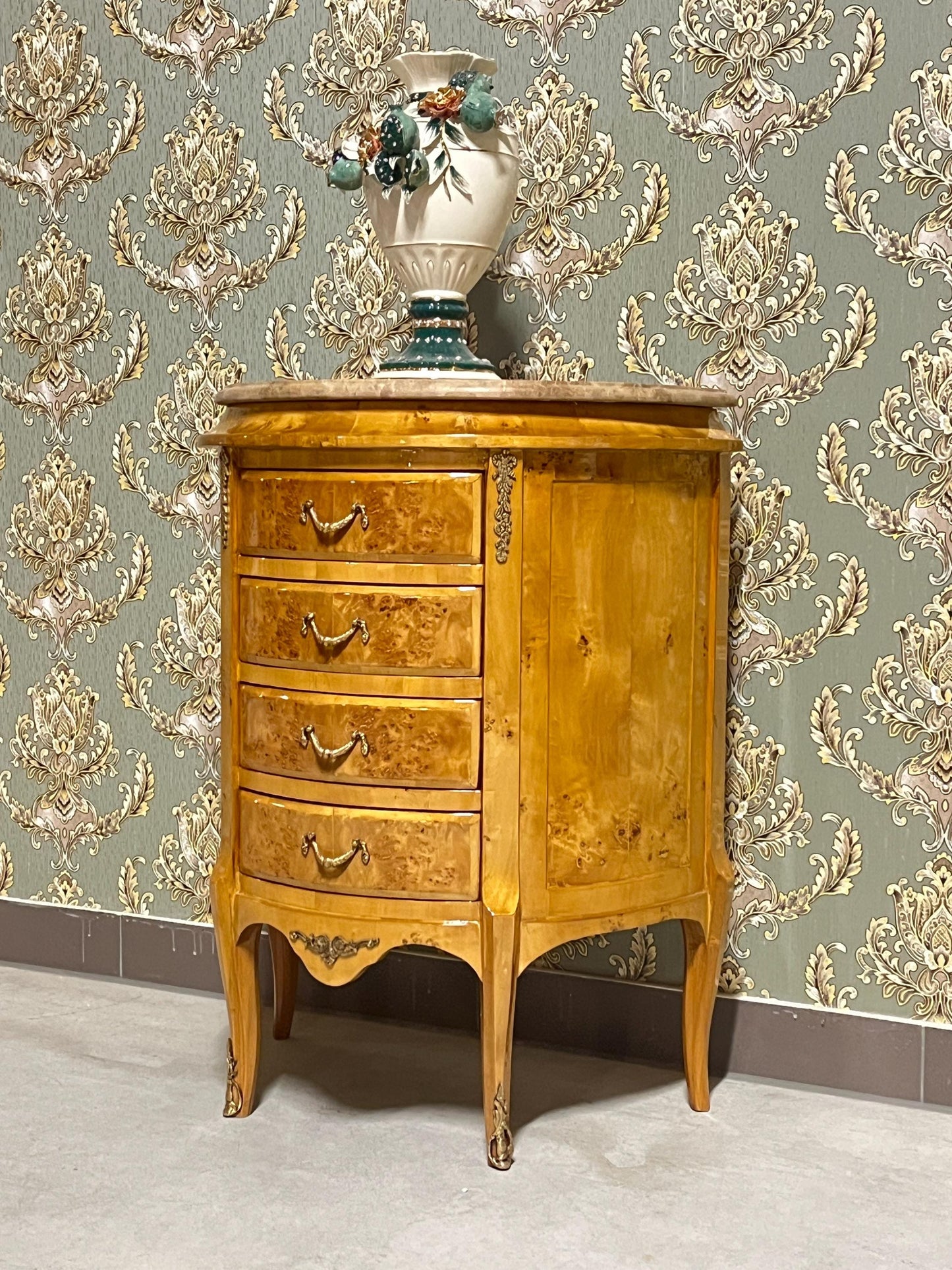 Luxury Coffee Table Antique Rococo Style Small Chest of Drawer in Yellow & Marble Top Handcrafted Living Room End Table for New House Decor