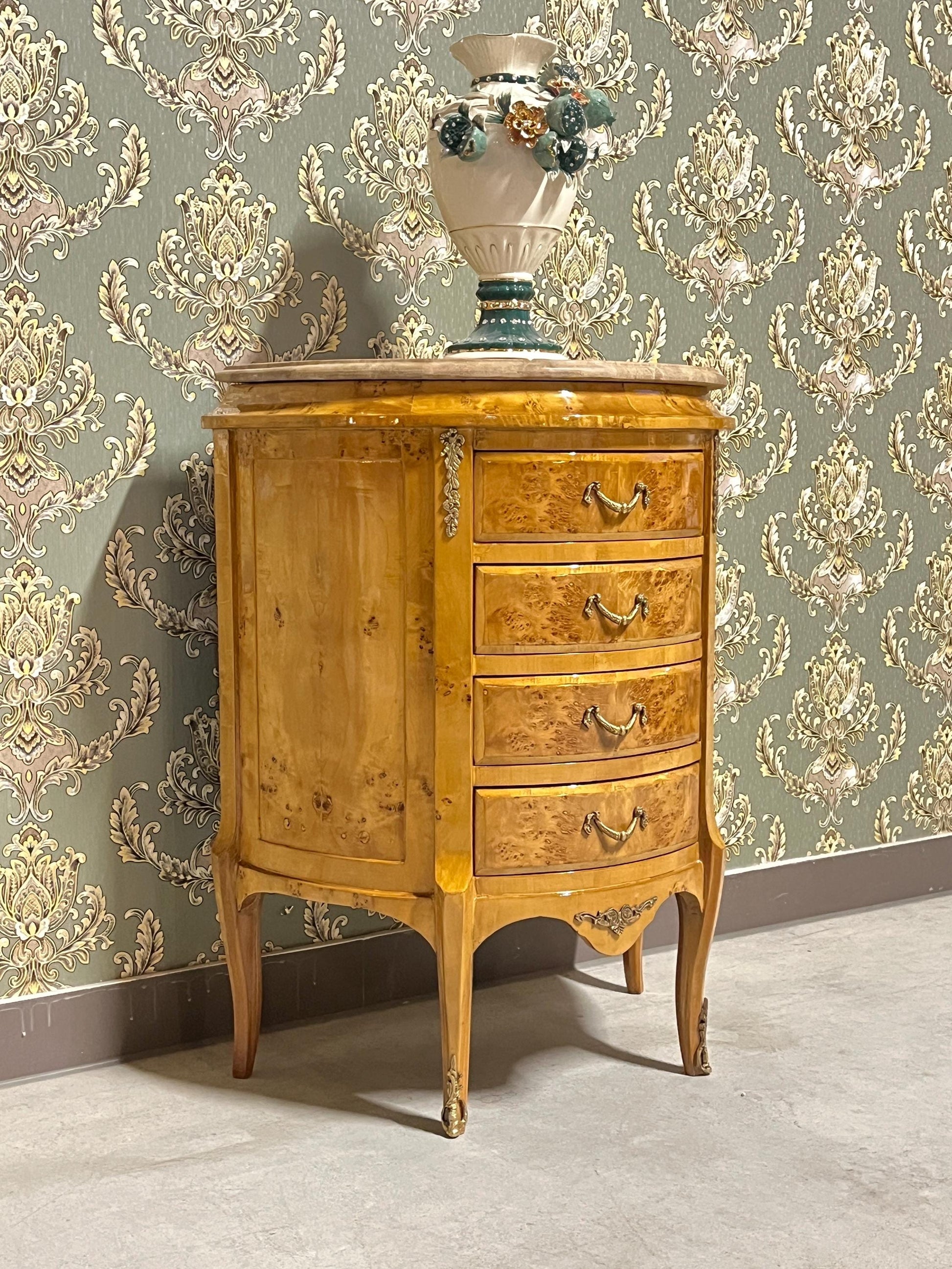 Luxury Coffee Table Antique Rococo Style Small Chest of Drawer in Yellow & Marble Top Handcrafted Living Room End Table for New House Decor