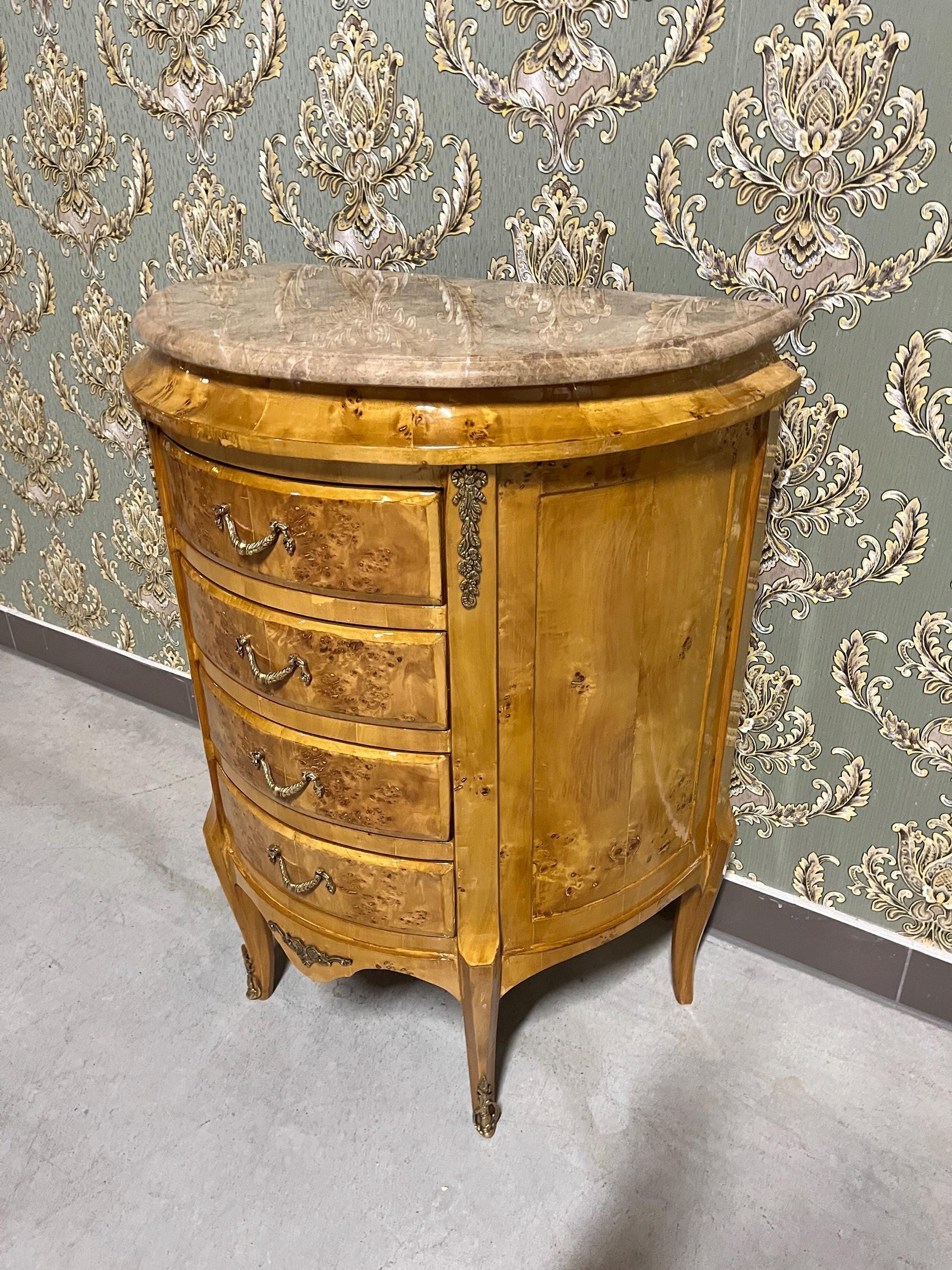 Luxury Coffee Table Antique Rococo Style Small Chest of Drawer in Yellow & Marble Top Handcrafted Living Room End Table for New House Decor