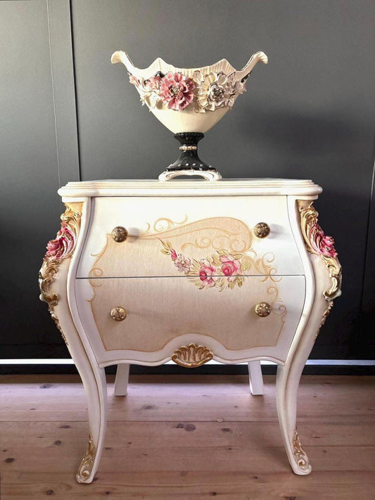 Bedside Cabinet Ivory Pinky Color Hand Painted flowers on Surface French Baroque Nostalgic Style Night Stand for Bedroom Decor Gift for Her