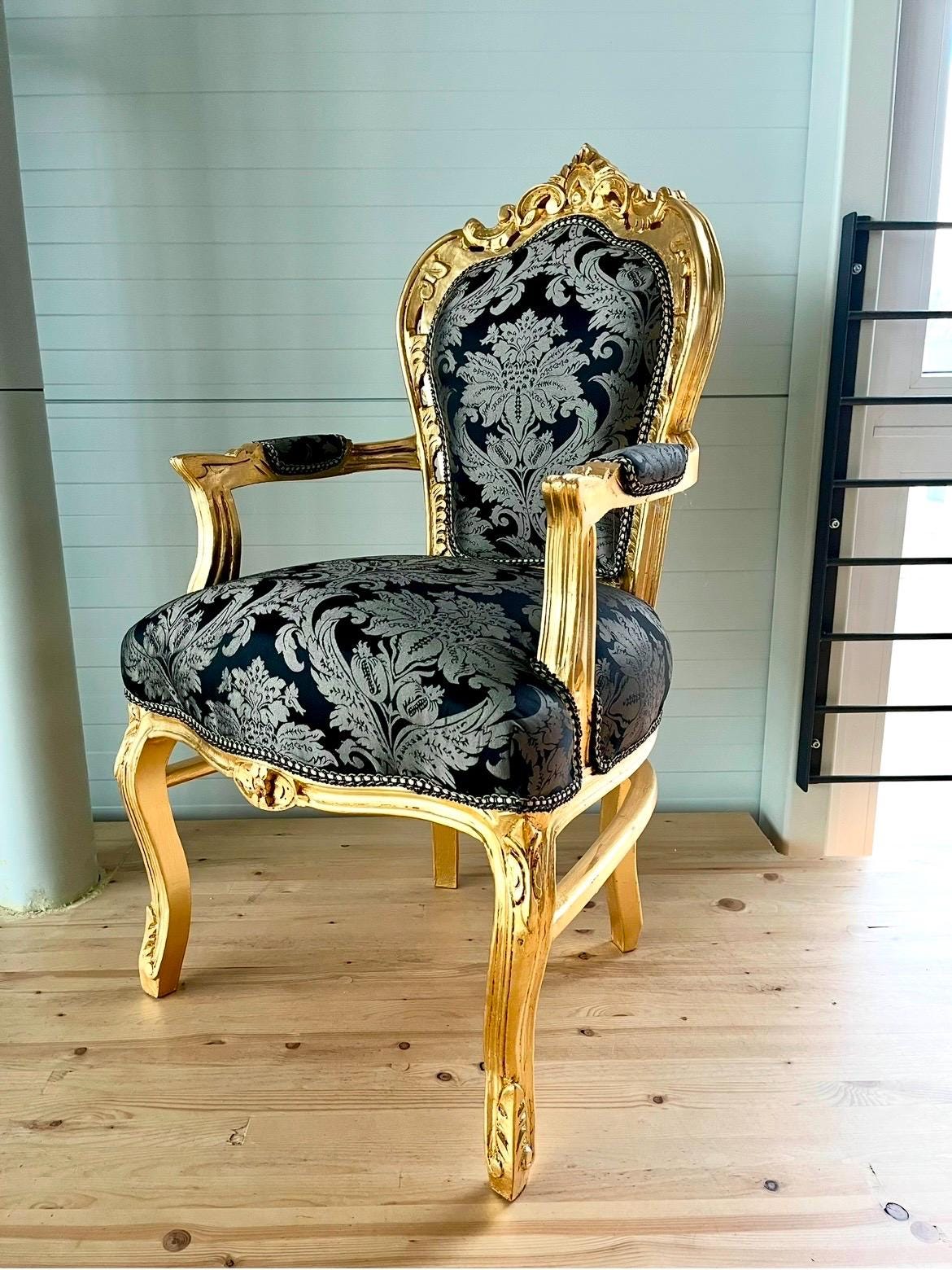 Dining Table French Baroque Style in Gold Finish with Black Color Marble Top & 4 Armchairs in Black Flower Pattern in Gold Finish
