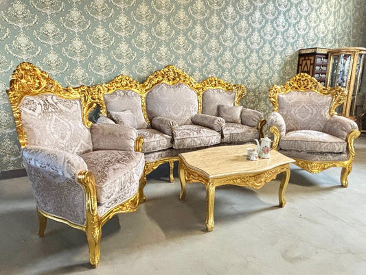 Sofa Set French Louis XV Style Tufted Velvet Dark Beige Color in Gold Finish Marble Top Coffee Table Retro Baroque Style Sofa Set