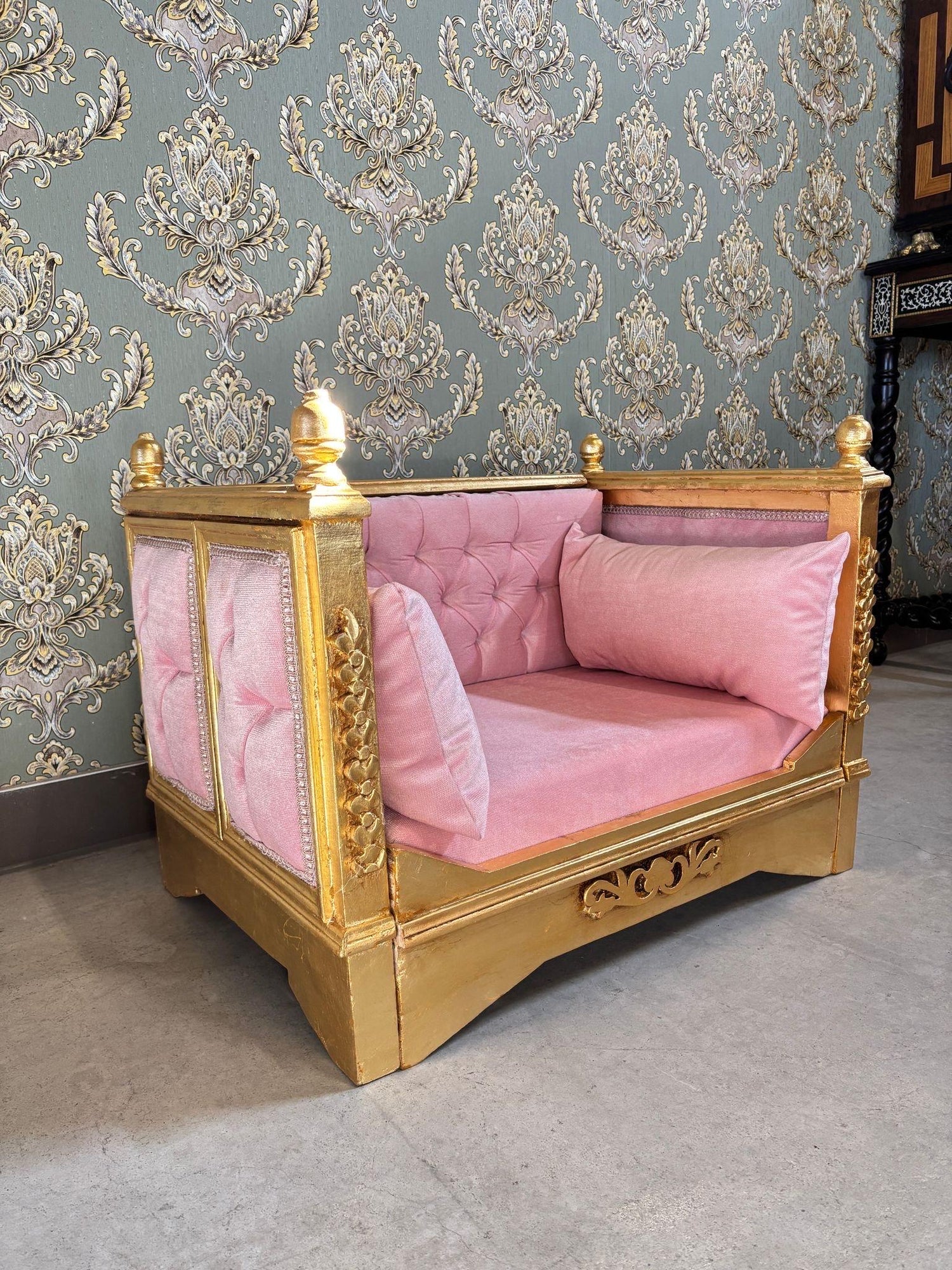 Pet Sofa French Baroque Style Cute Dog Couch Handmade in Pink Velvet Gold Finish for Small Pet for Pet Lover