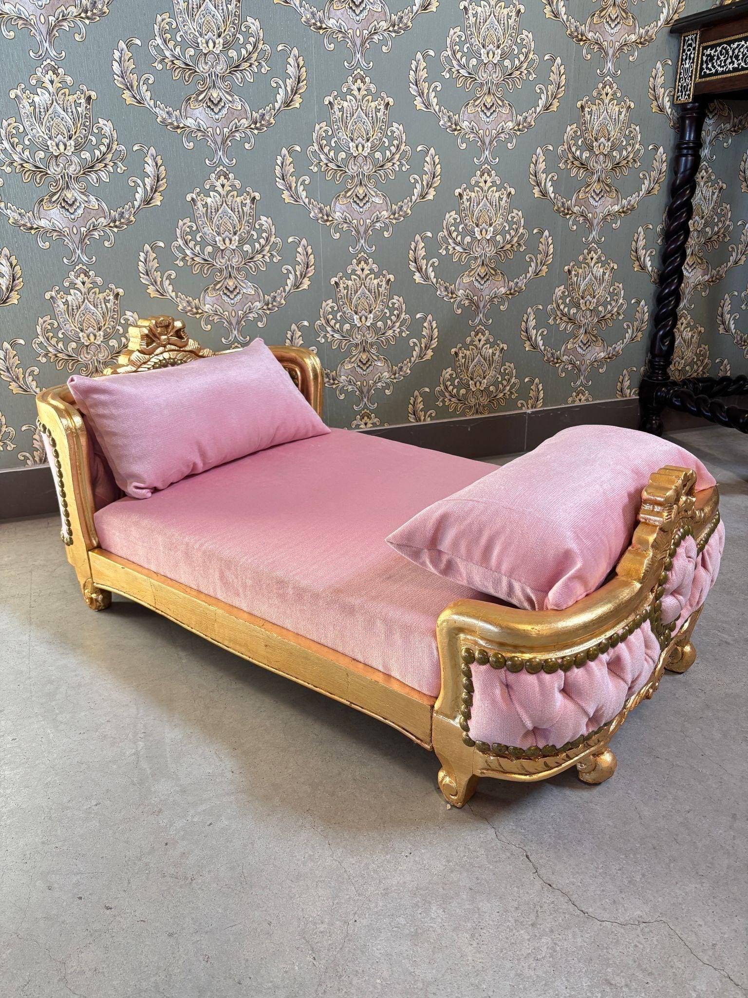 Pet Bed French Louis Baroque Style Handmade Small Dog Bed Cat Bed Velvet Blue Velvet Pink in Gold Finish for Happy Pet Decor