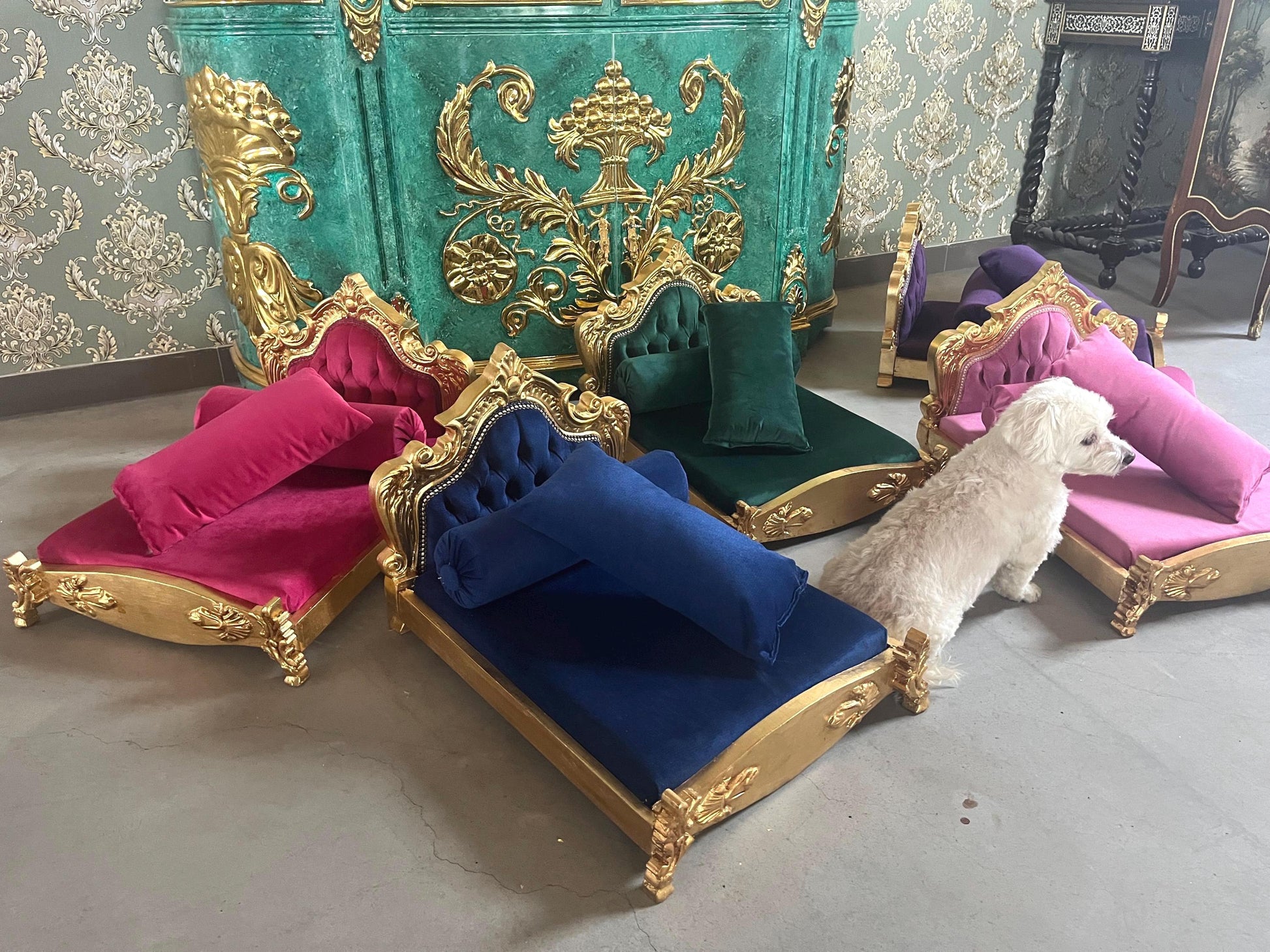 Small Pet Bed French Louis Baroque Style Dog Bed in Gold Finish Cute Baroque Rococo Pet Bed in Pink Velvet Blue Velvet & Green Velvet