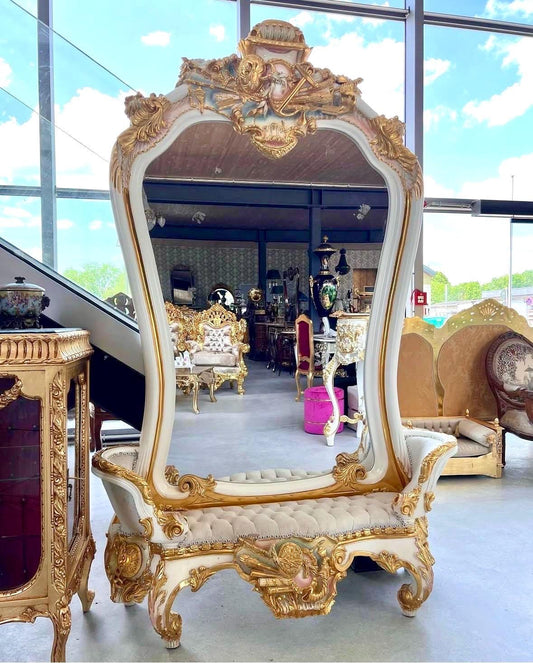 Wall Mirror & Bench Set Retro Baroque Rococo Style in Gold Finish Huge Mirror with Beige Velvet Bench Set for Commercial Lobby