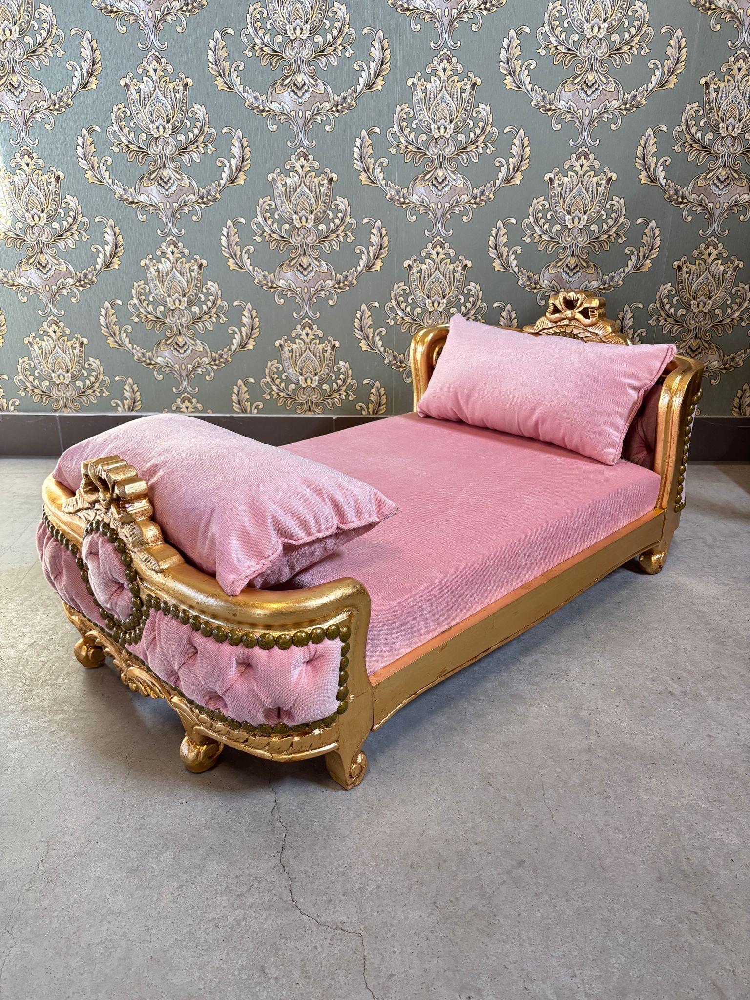 Pet Bed French Louis Baroque Style Handmade Small Dog Bed Cat Bed Velvet Blue Velvet Pink in Gold Finish for Happy Pet Decor