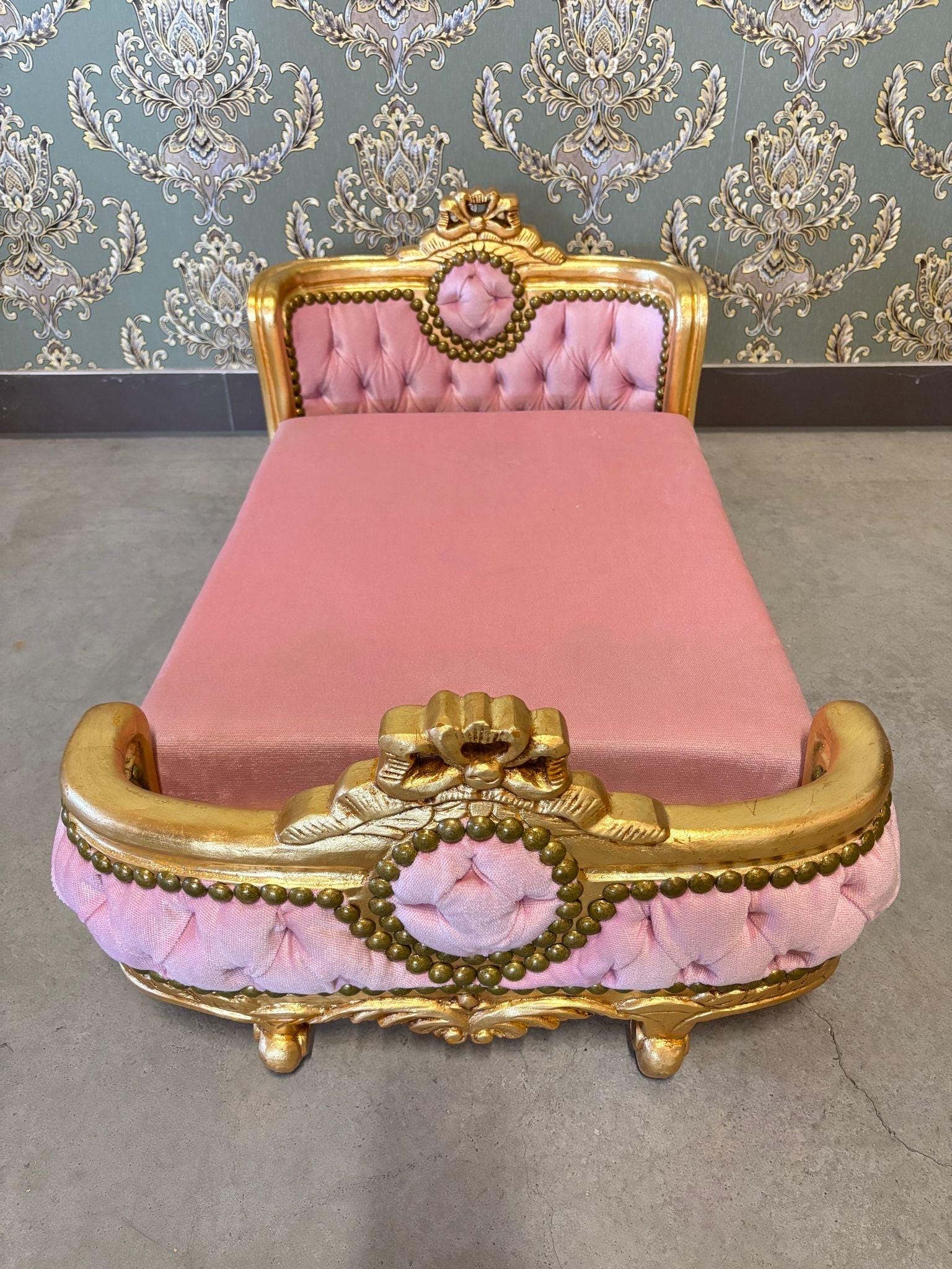 Pet Bed French Louis Baroque Style Handmade Small Dog Bed Cat Bed Velvet Blue Velvet Pink in Gold Finish for Happy Pet Decor