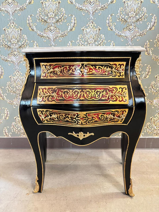 Night Stand Nostalgic Royal Style Small Chest of Drawer in Black & White Marble Top Colorful Bronze Motif Bedside Cabinet for Home Decor