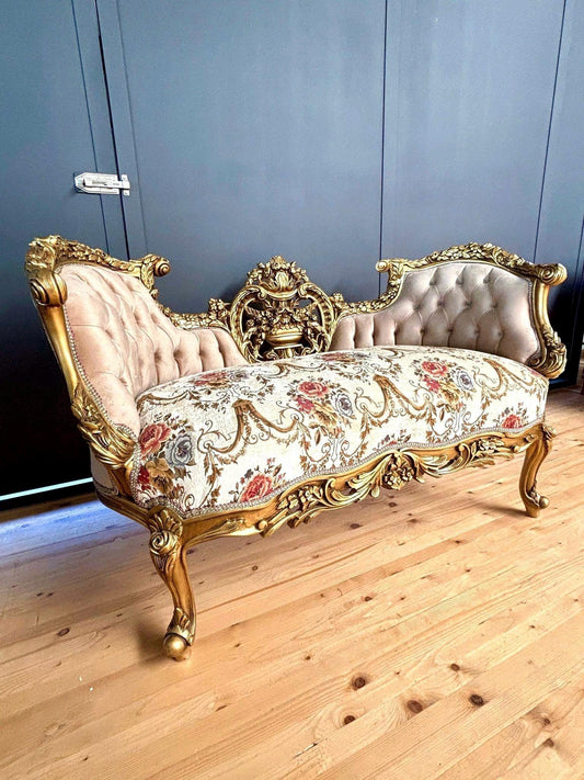 Deluxe Love Seat Royal Baroque Style Bench Light Brown Flower Pattern Antique Style Couch in Gold Finish for Lounge Room Sofa Home Decor