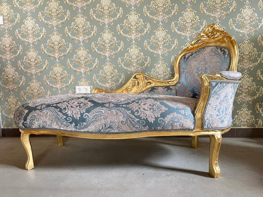 Chaise Longue Blue Velvet French Louis XV Antique Style Bench, Velvet Longue Retro Baroque Style Bench for Lounge Room, for Bedroom Decor