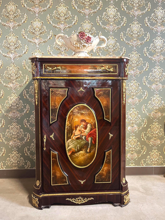 Shoe Cabinet Retro Baroque Antique Style Wooden Brown Cabinet with Oil Handpainted at Front and Marble Slab at Top