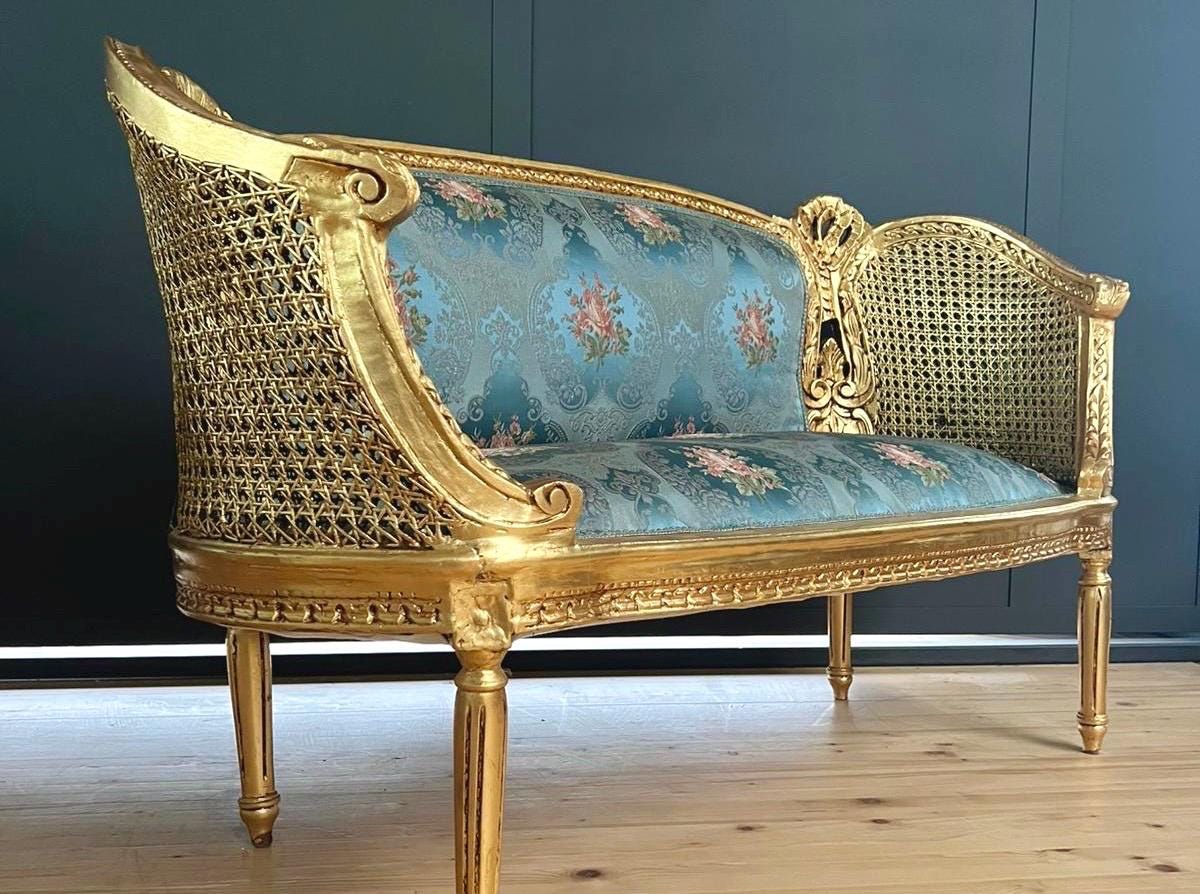 Sofa Set Royal Baroque Style in Blue Floral Damask Retro Rococo Couch Set in Gold Finish for Lounge Room Decor Party Event TV Movie Shooting