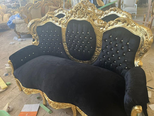 Louis XV Sofa Set in Black Velvet & Gold Finish Couch Set with Coffee Table Baroque Rococo Style for Home Decor or Commercial Display