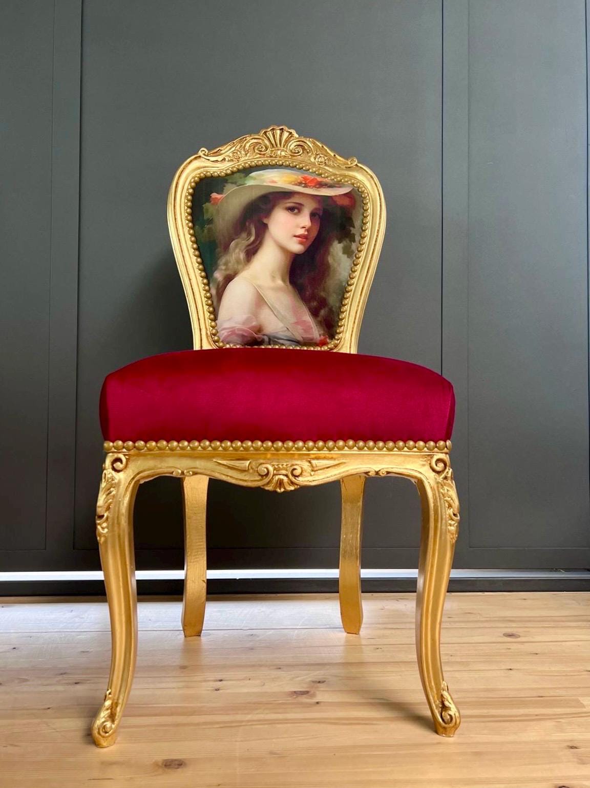 Accent Chair Baroque Rococo Dining Chair French Louis Velvet Red Chair in Gold Finish Feminine Painting Image for Home Decor LIMITED EDITION