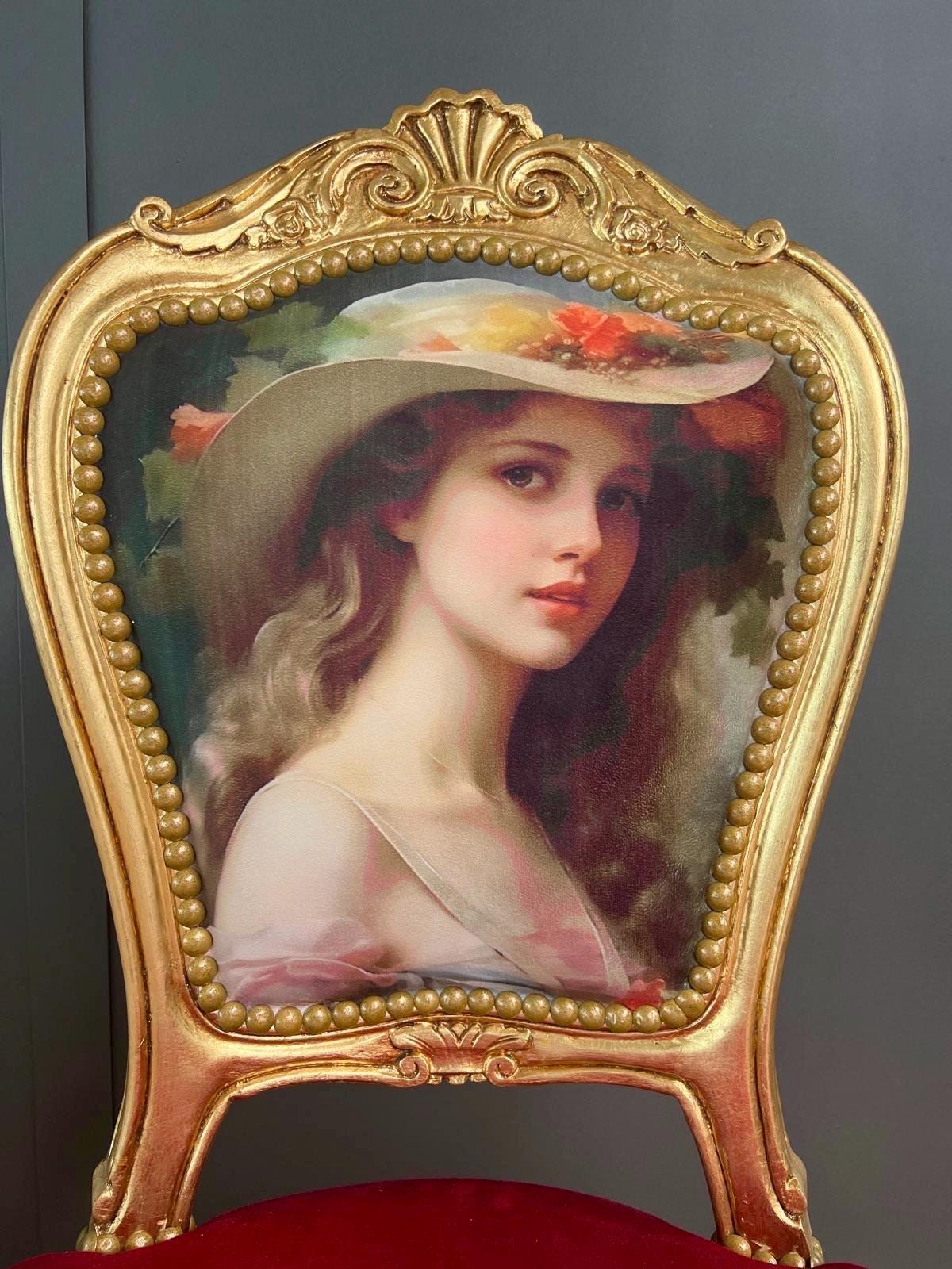 Accent Chair Baroque Rococo Dining Chair French Louis Velvet Red Chair in Gold Finish Feminine Painting Image for Home Decor LIMITED EDITION