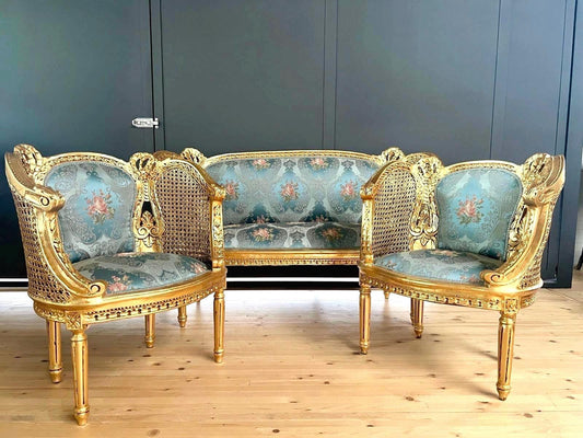 Sofa Set Royal Baroque Style in Blue Floral Damask Retro Rococo Couch Set in Gold Finish for Lounge Room Decor Party Event TV Movie Shooting