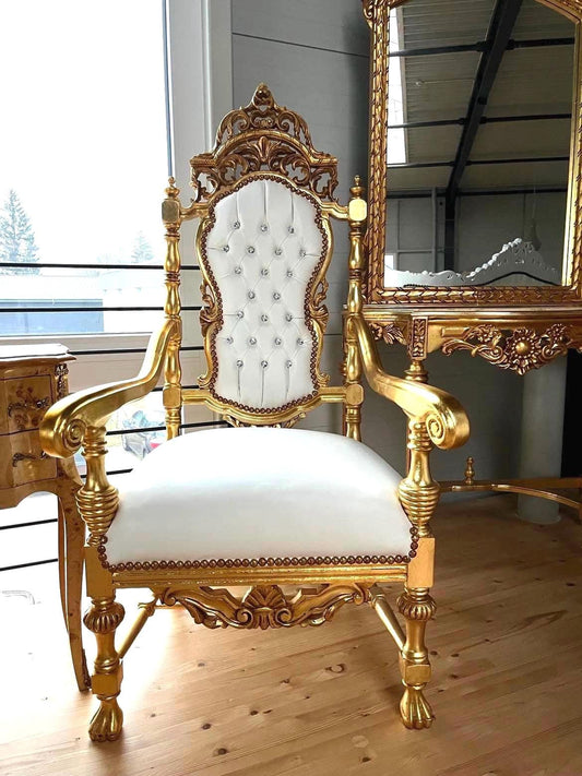Throne Italian Barock Rococo Style Armchair Royal Antique Style Chair Gold Finish White Leather Like