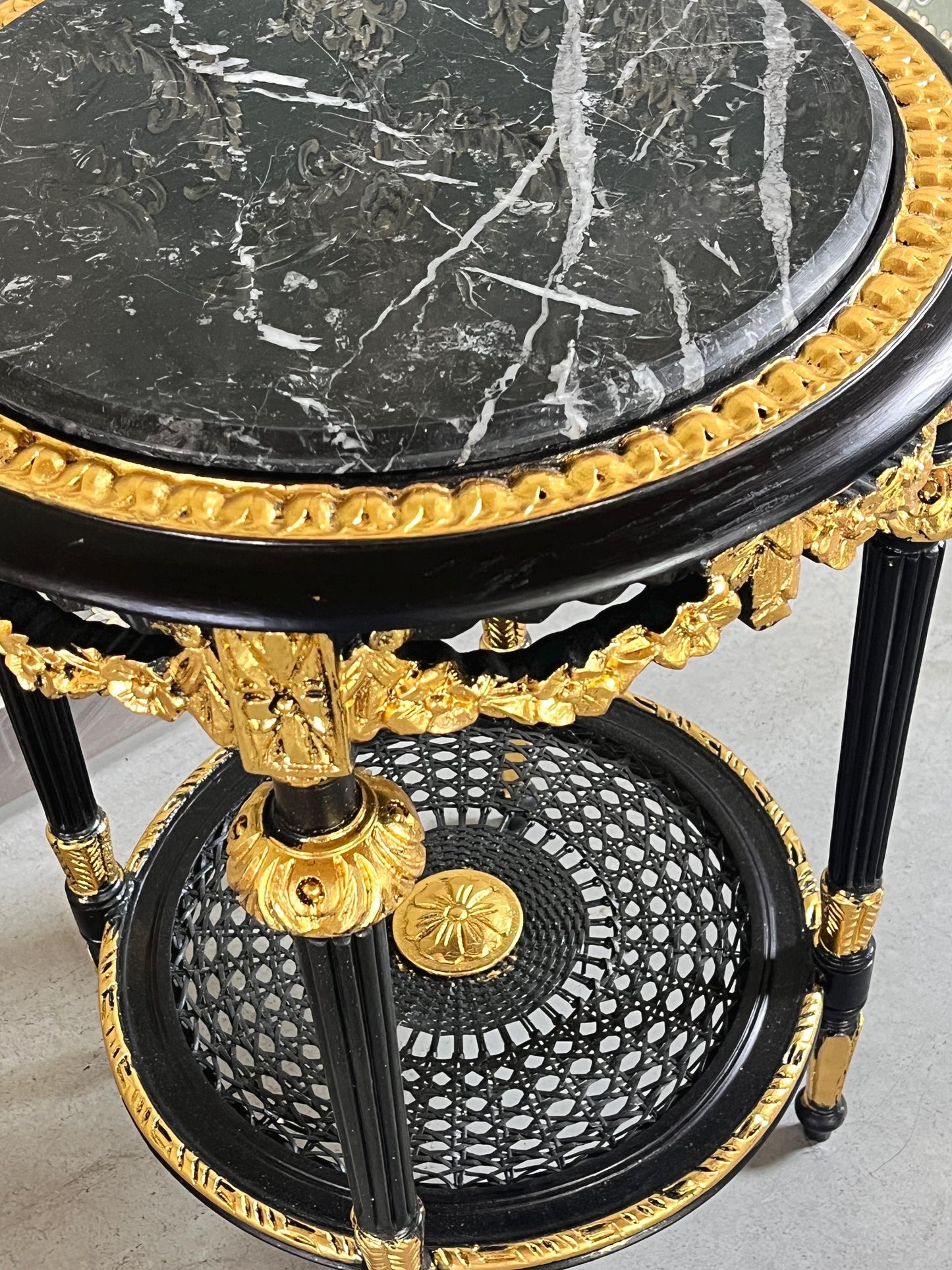 Black & Gold French Baroque Side Table: Marble Top Rococo Accent Table