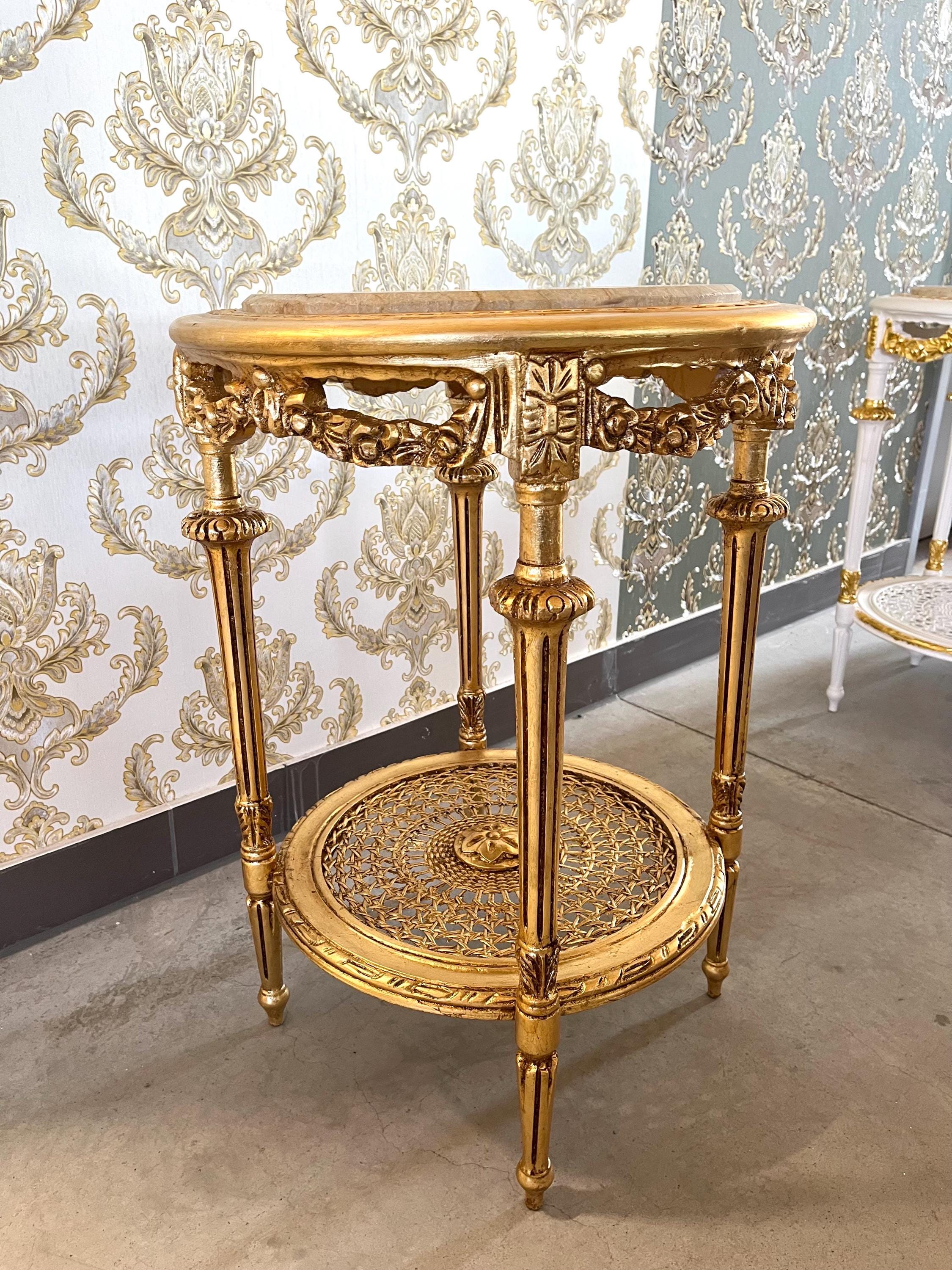 Black & Gold French Baroque Side Table: Marble Top Rococo Accent Table