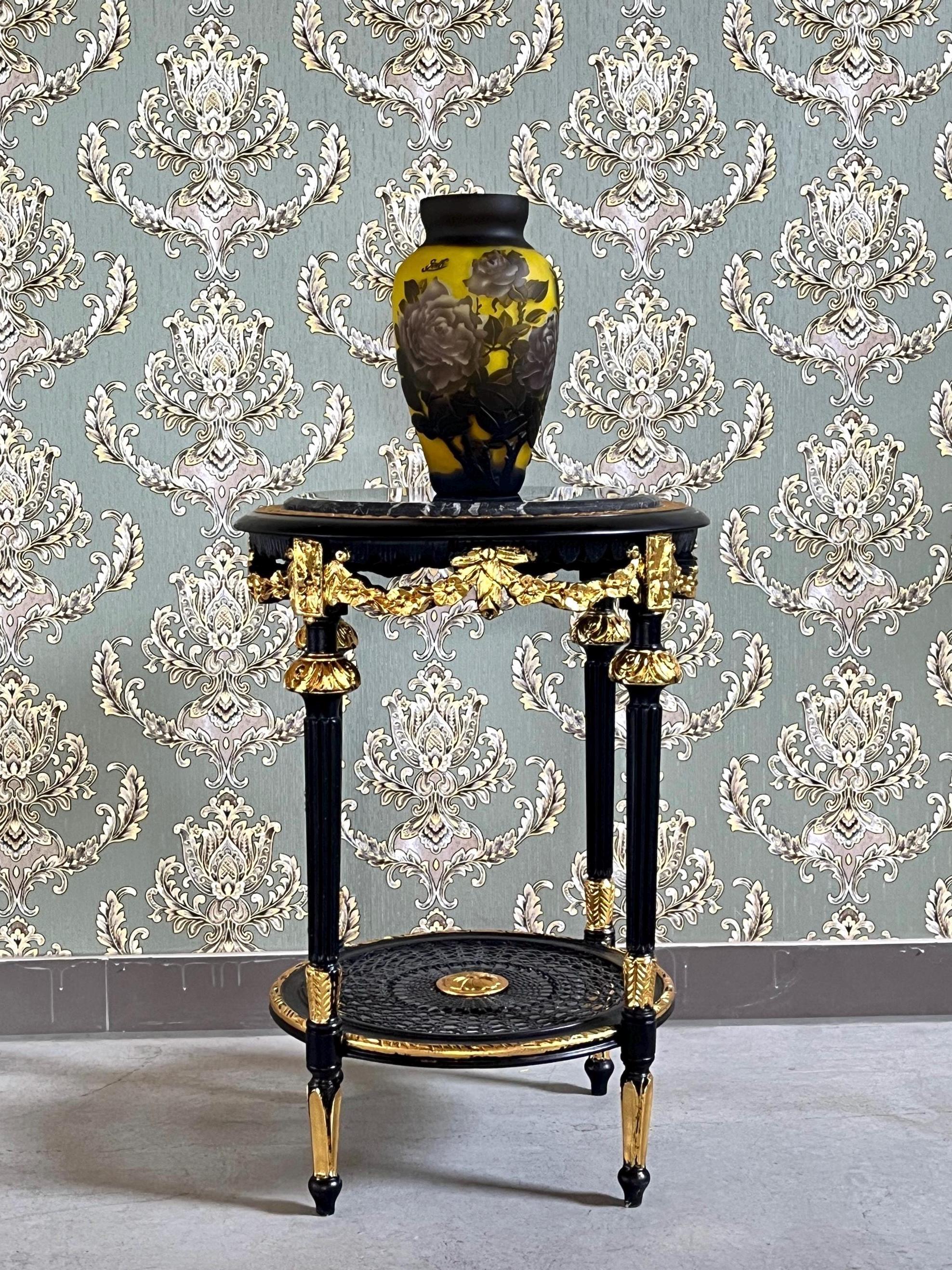 Black & Gold French Baroque Side Table: Marble Top Rococo Accent Table