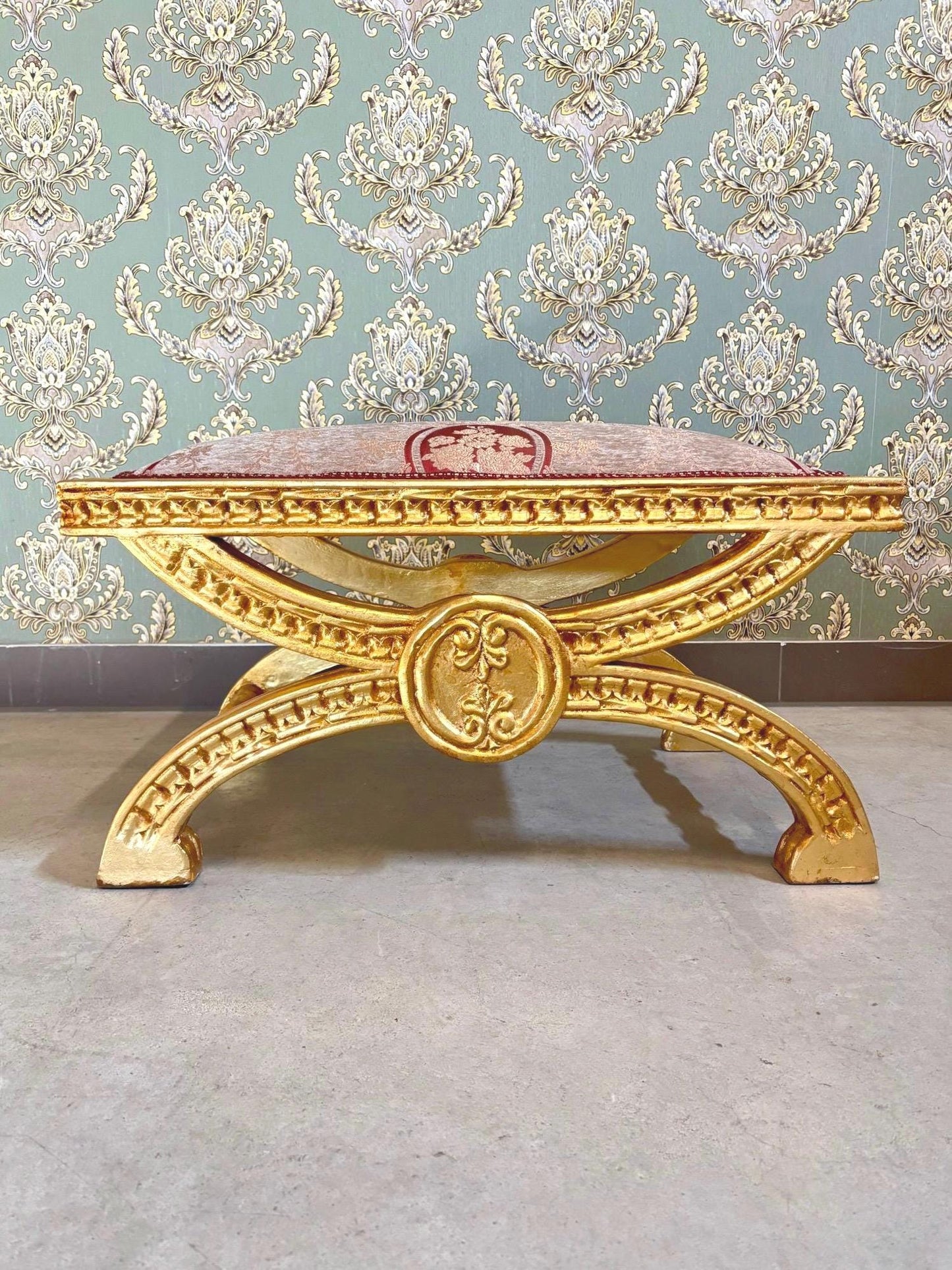 Baroque Ottoman Stool: Gold Finish, Floral Jacquard Fabric