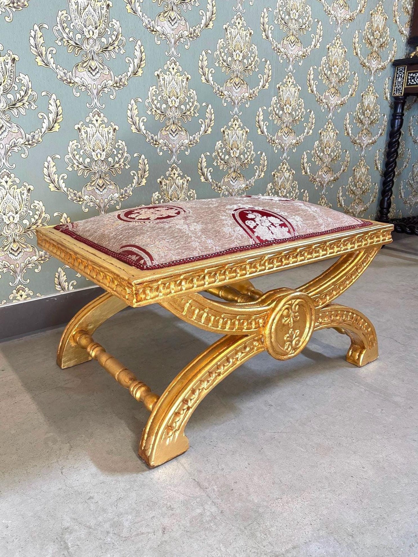 Baroque Ottoman Stool: Gold Finish, Floral Jacquard Fabric