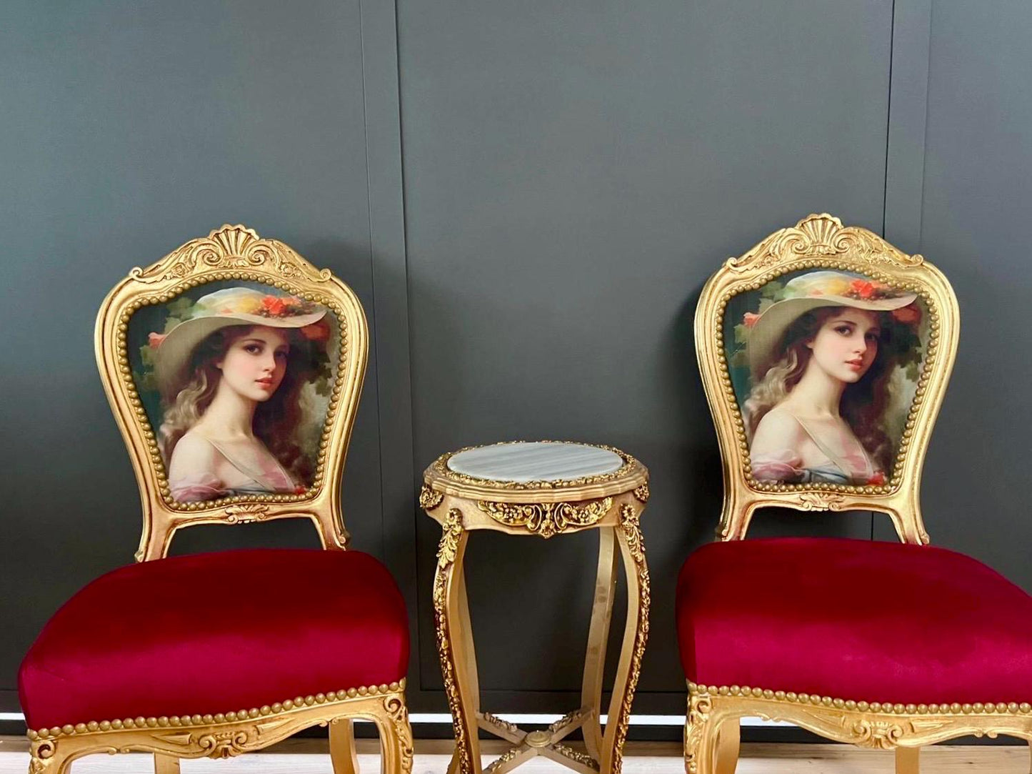 Louis XV Style Red Velvet Chair Set: Antique Baroque Accent Furniture