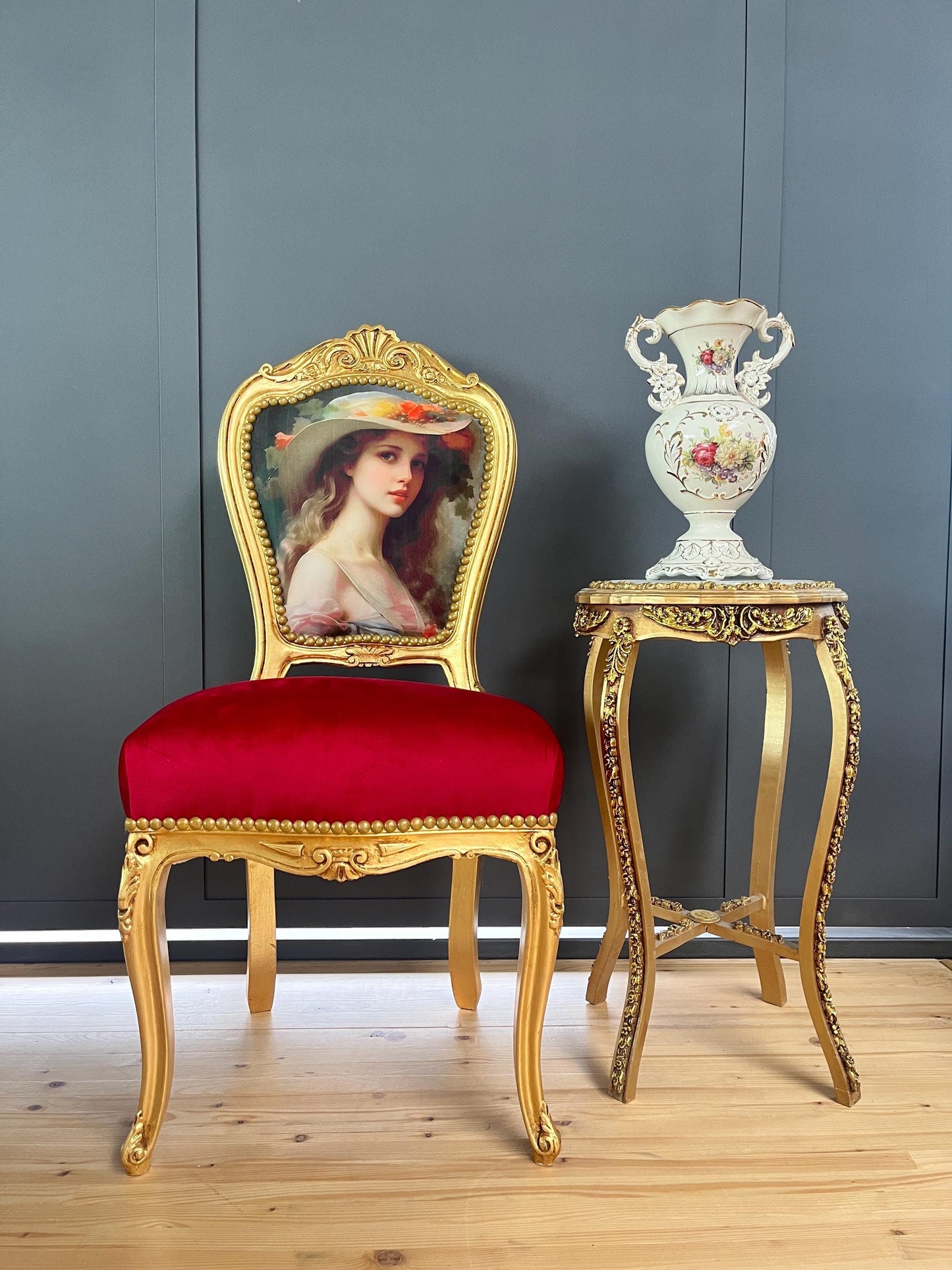 Louis XV Style Red Velvet Chair Set: Antique Baroque Accent Furniture