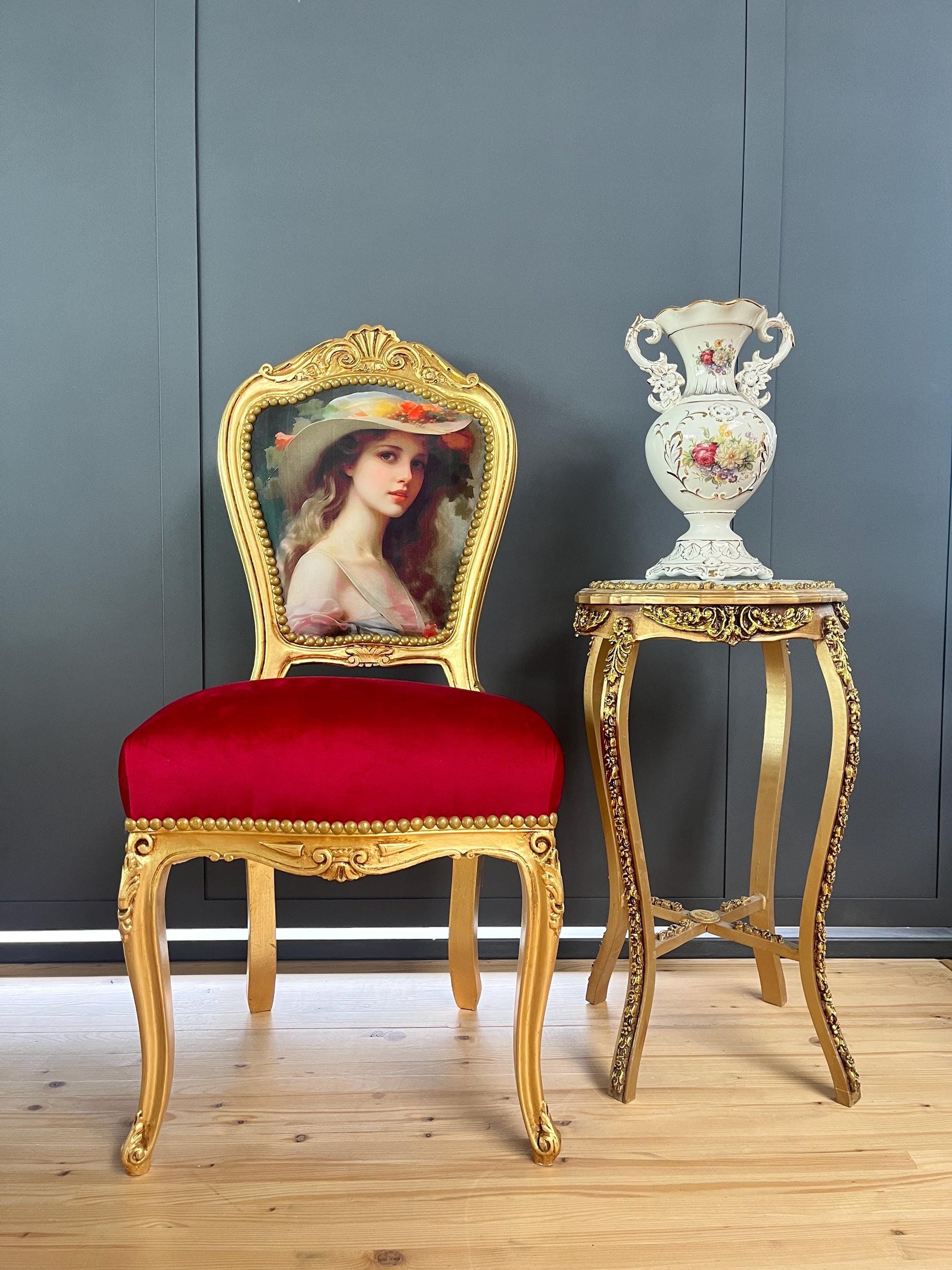 Louis XV Style Red Velvet Chair Set: Antique Baroque Accent Furniture
