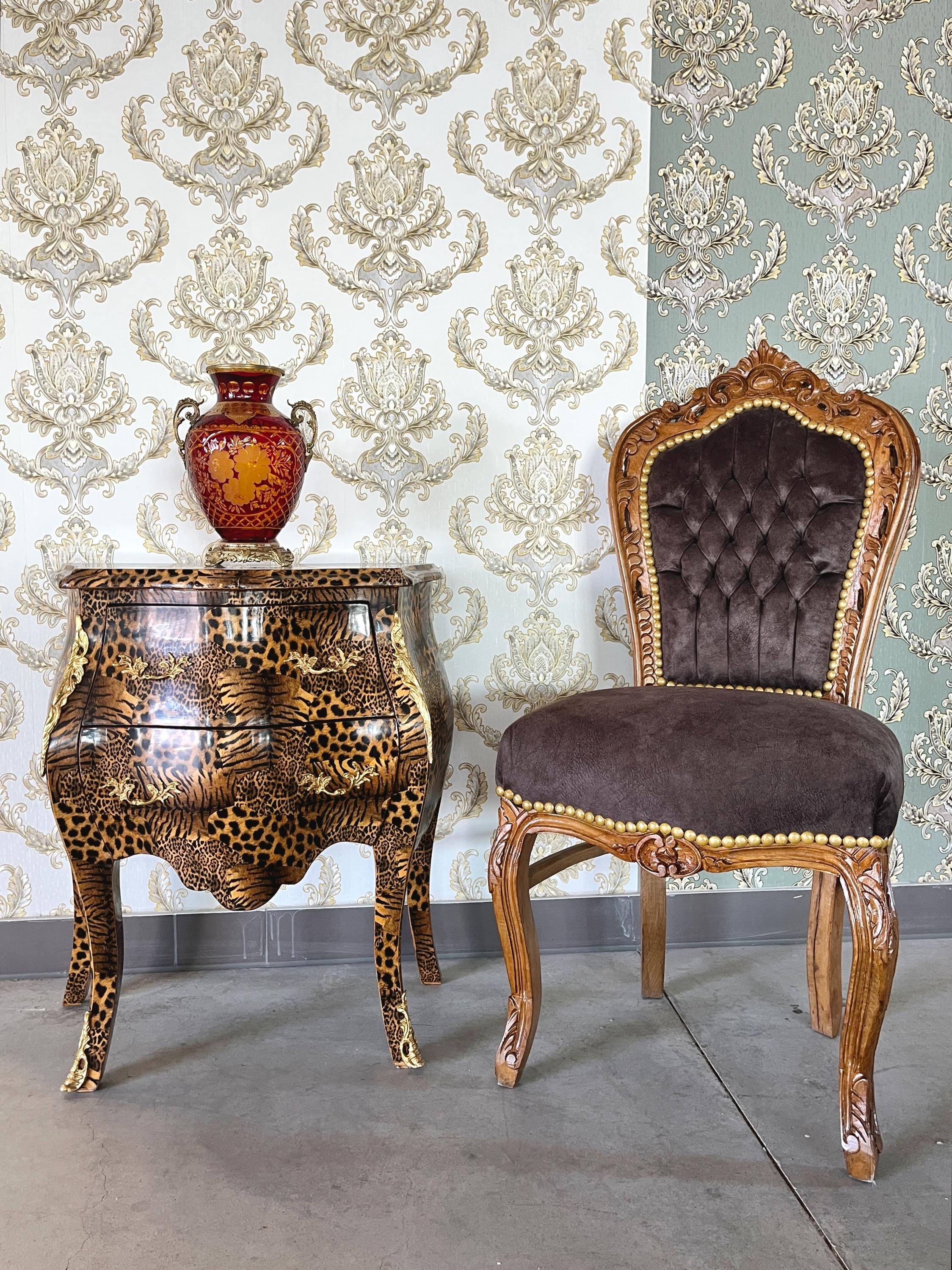 Night Stand French Louis Style in Tiger Animal Print Bedside Table Rococo Style Brass Ornaments Inlaid 2 drawers for Bedroom Home Decor