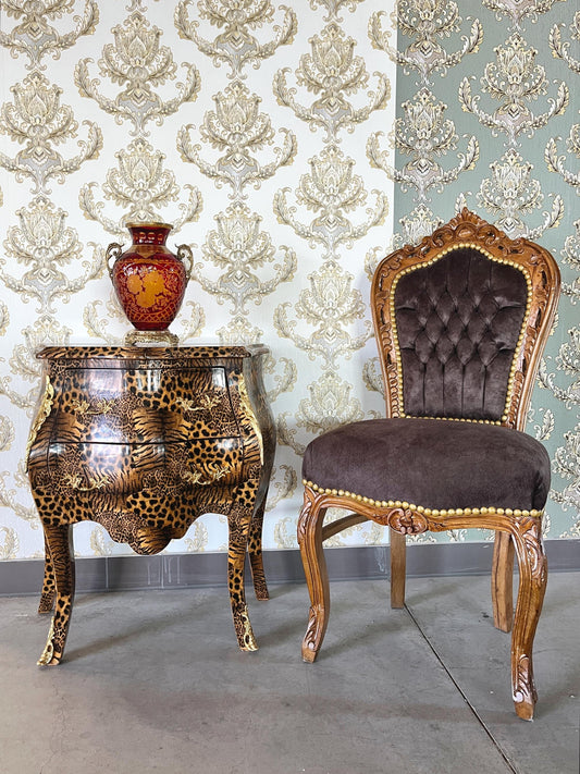 Night Stand French Louis Style in Tiger Animal Print Bedside Table Rococo Style Brass Ornaments Inlaid 2 drawers for Bedroom Home Decor