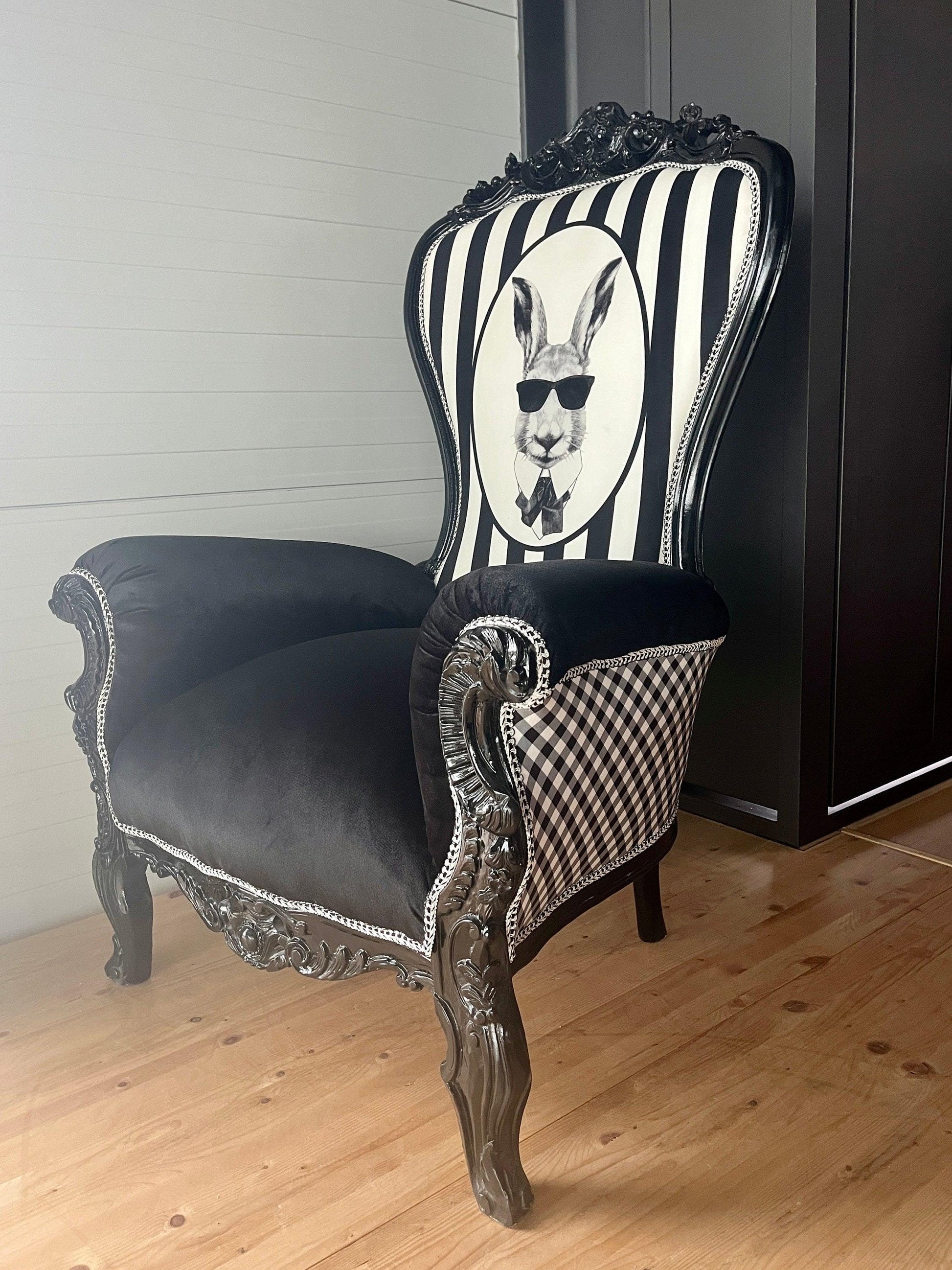 Throne Armchair Black & White Funny Rabbit Print Huge Armchair for Birthday Party for Special Event or Commercial Decoration