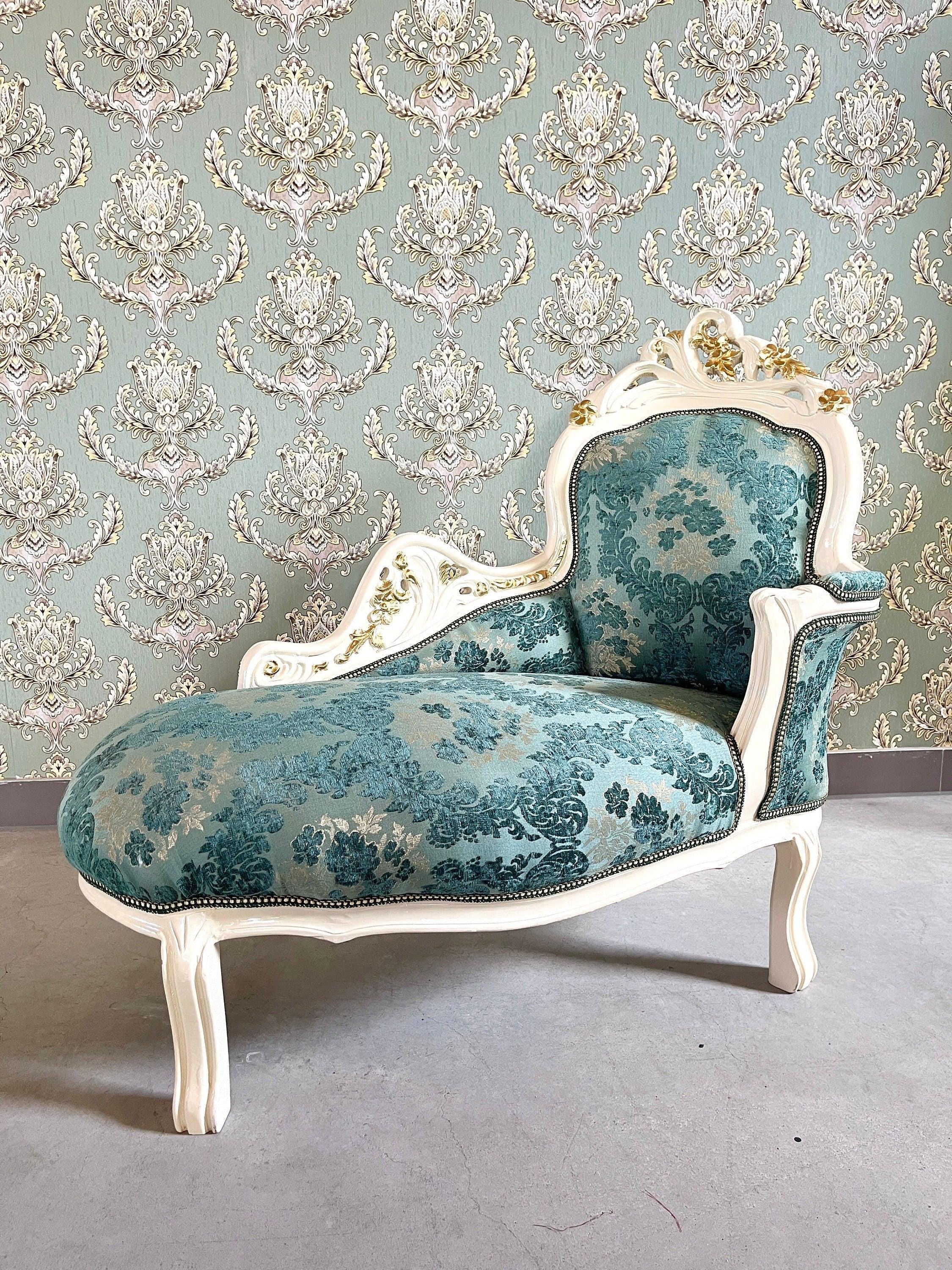Small Chaise Longue French Louis Style in Flower Pattern Retro Baroque Style Bench in Velvet Green Velvet Pink for Home Decor