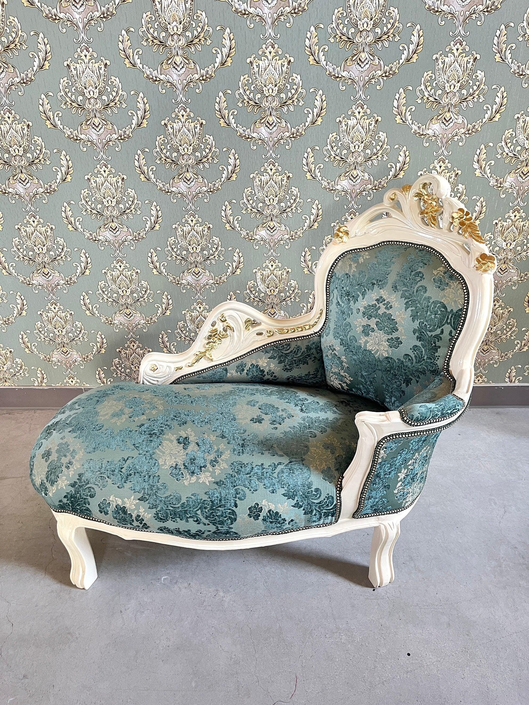 Small Chaise Longue French Louis Style in Flower Pattern Retro Baroque Style Bench in Velvet Green Velvet Pink for Home Decor