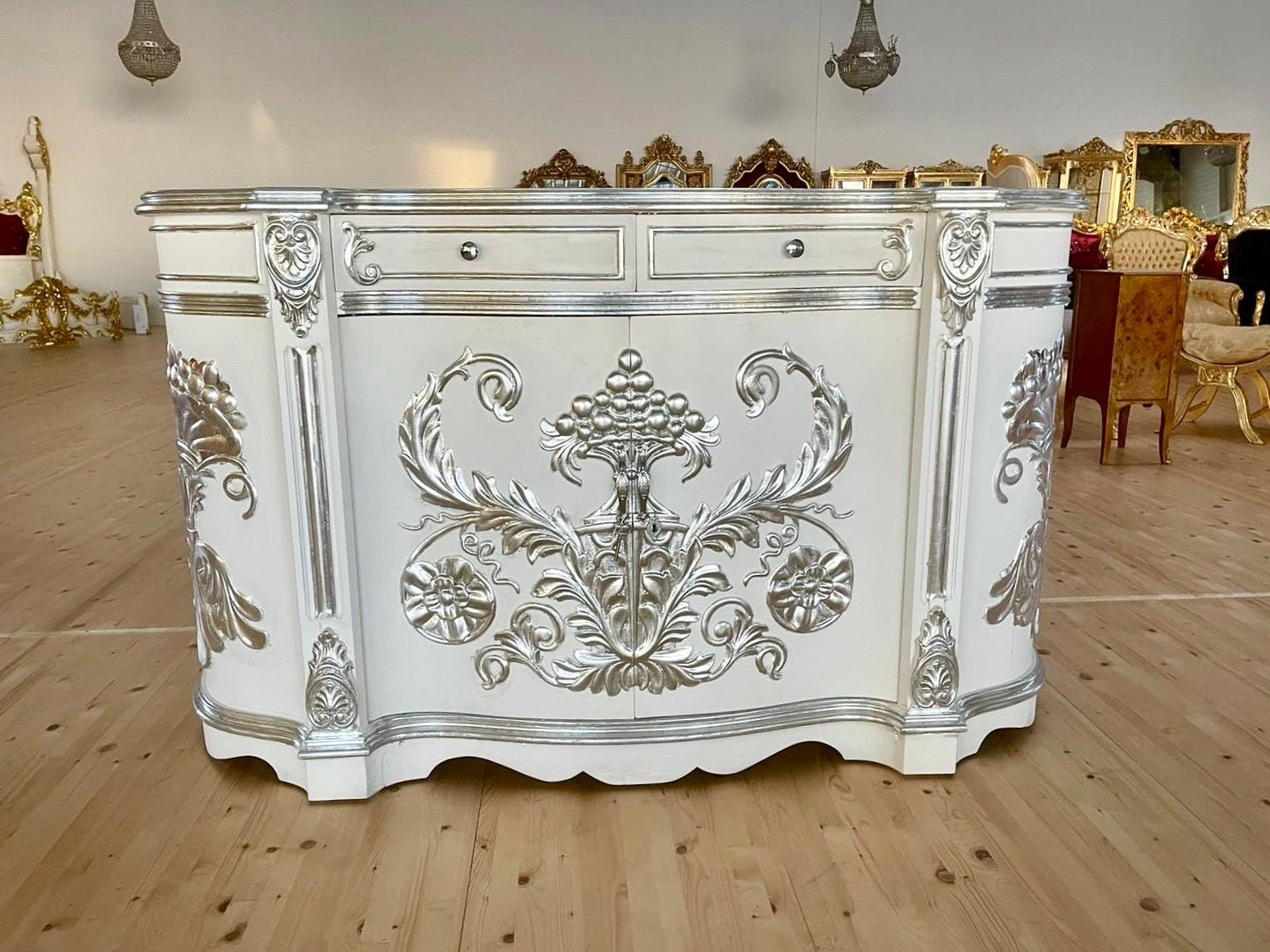 Huge Wooden Cabinet Antique Rococo Style in Black White Royal Luxury Cupboard for Living Room Decor or Commercial Display