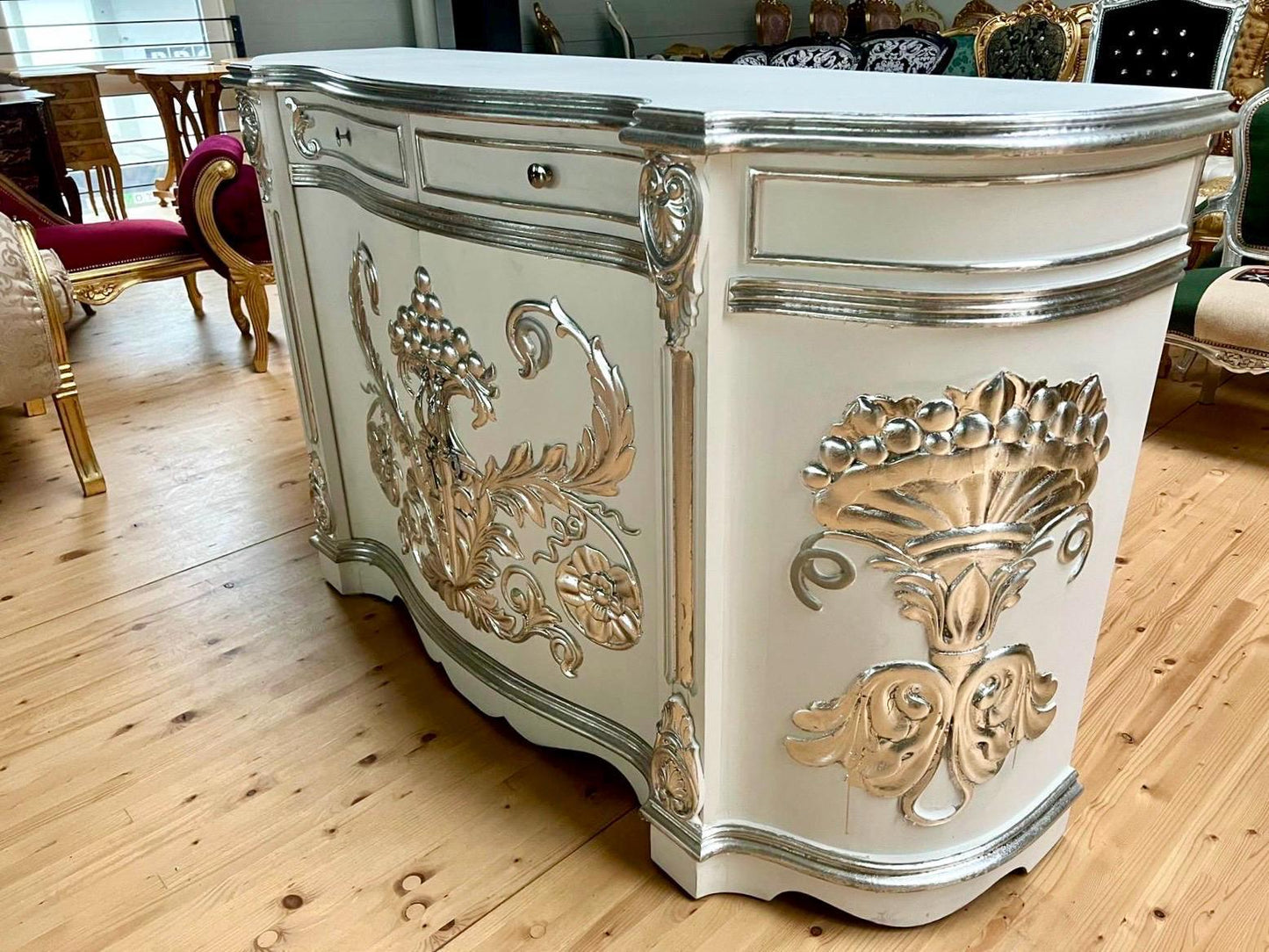 Huge Wooden Cabinet Antique Rococo Style in Black White Royal Luxury Cupboard for Living Room Decor or Commercial Display