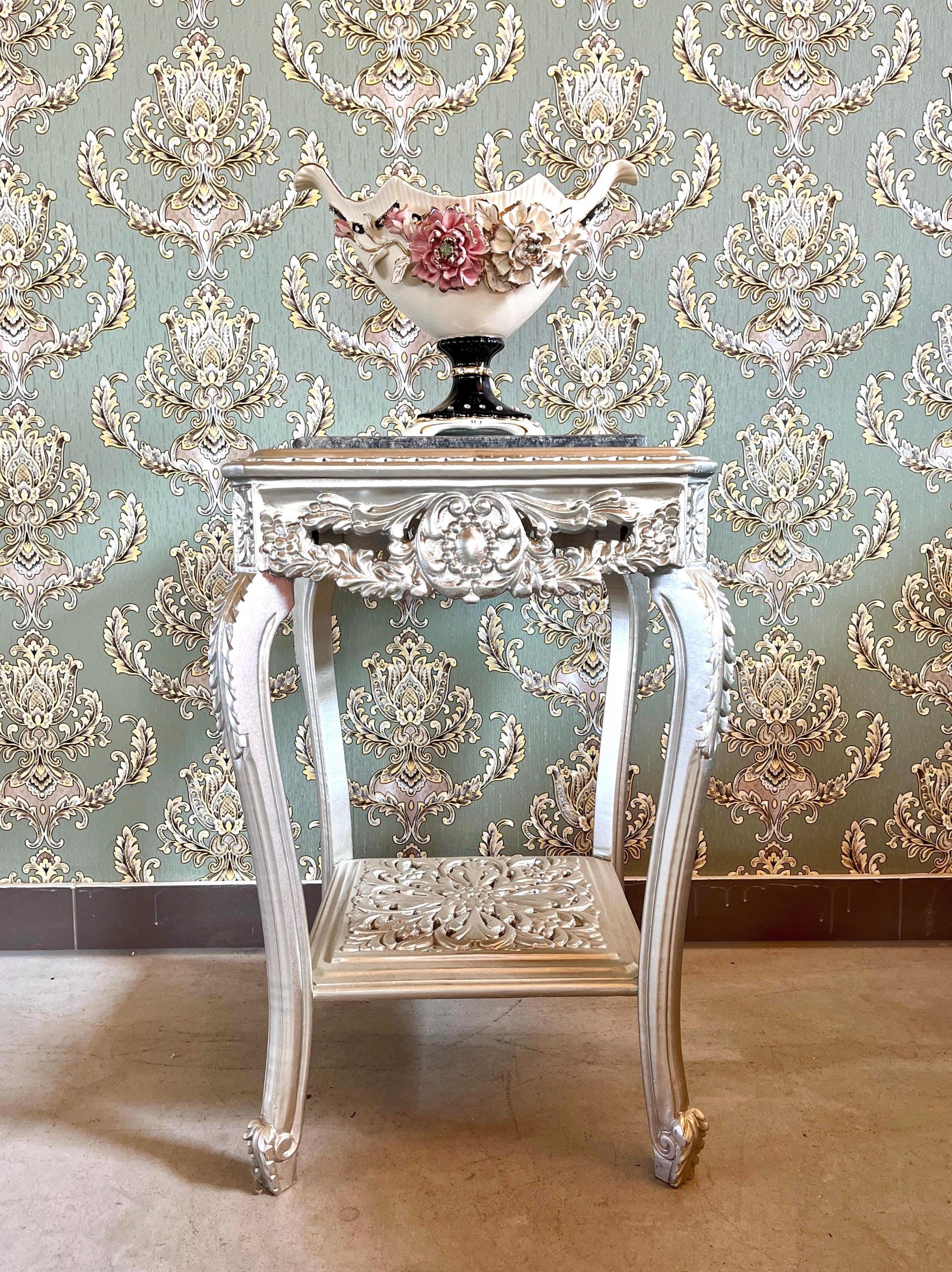 Square Side Table Silver Frame With Black Marble Top Retro Baroque Style Handmade Coffee Table in Silver Finish for Living Room End Table
