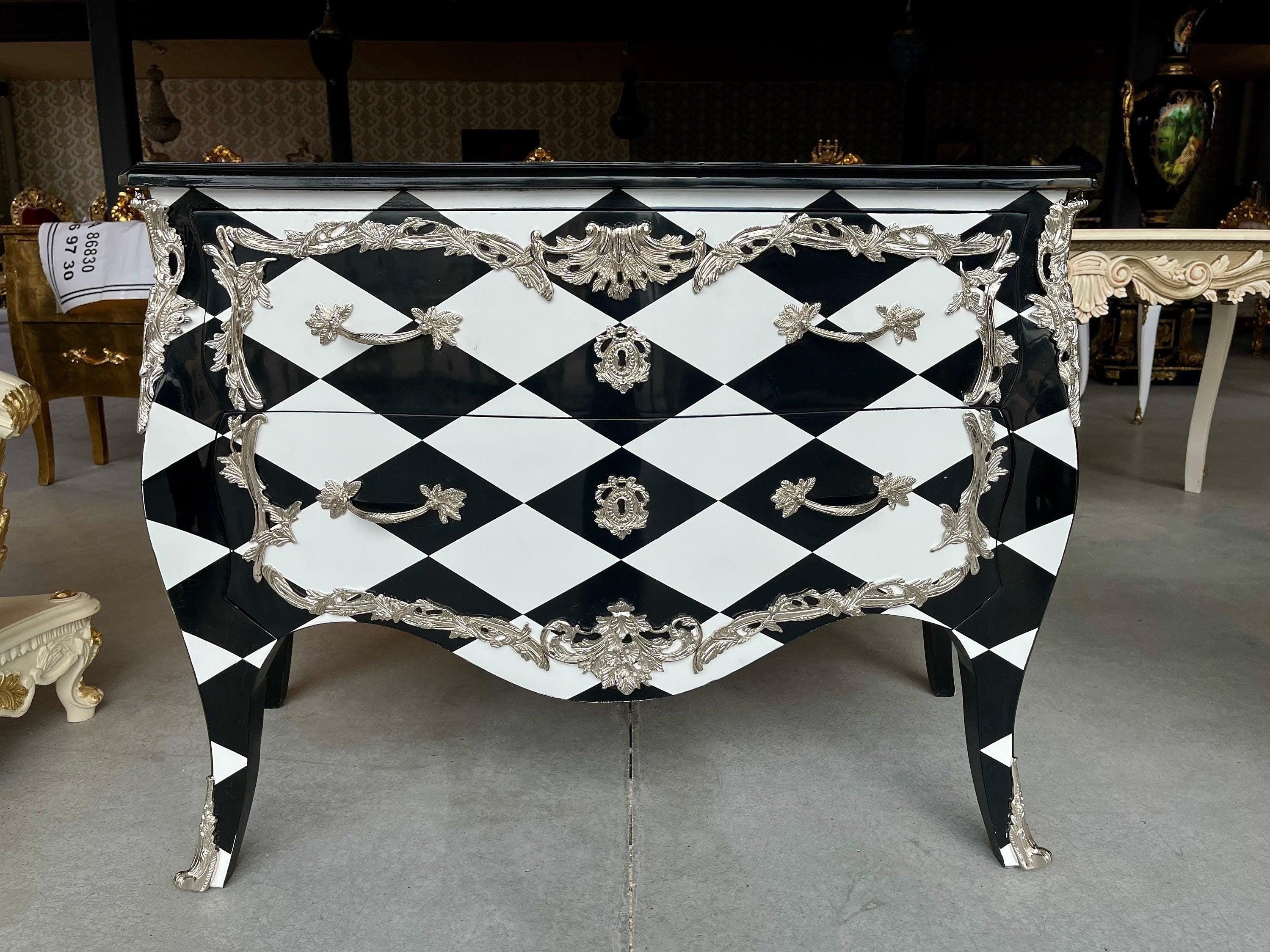 Chest of Drawer Louis XV Style Dresser in Black Diamond Print Chest of Drawer Retro Baroque Style with Brass Ornaments for Bedroom Decor