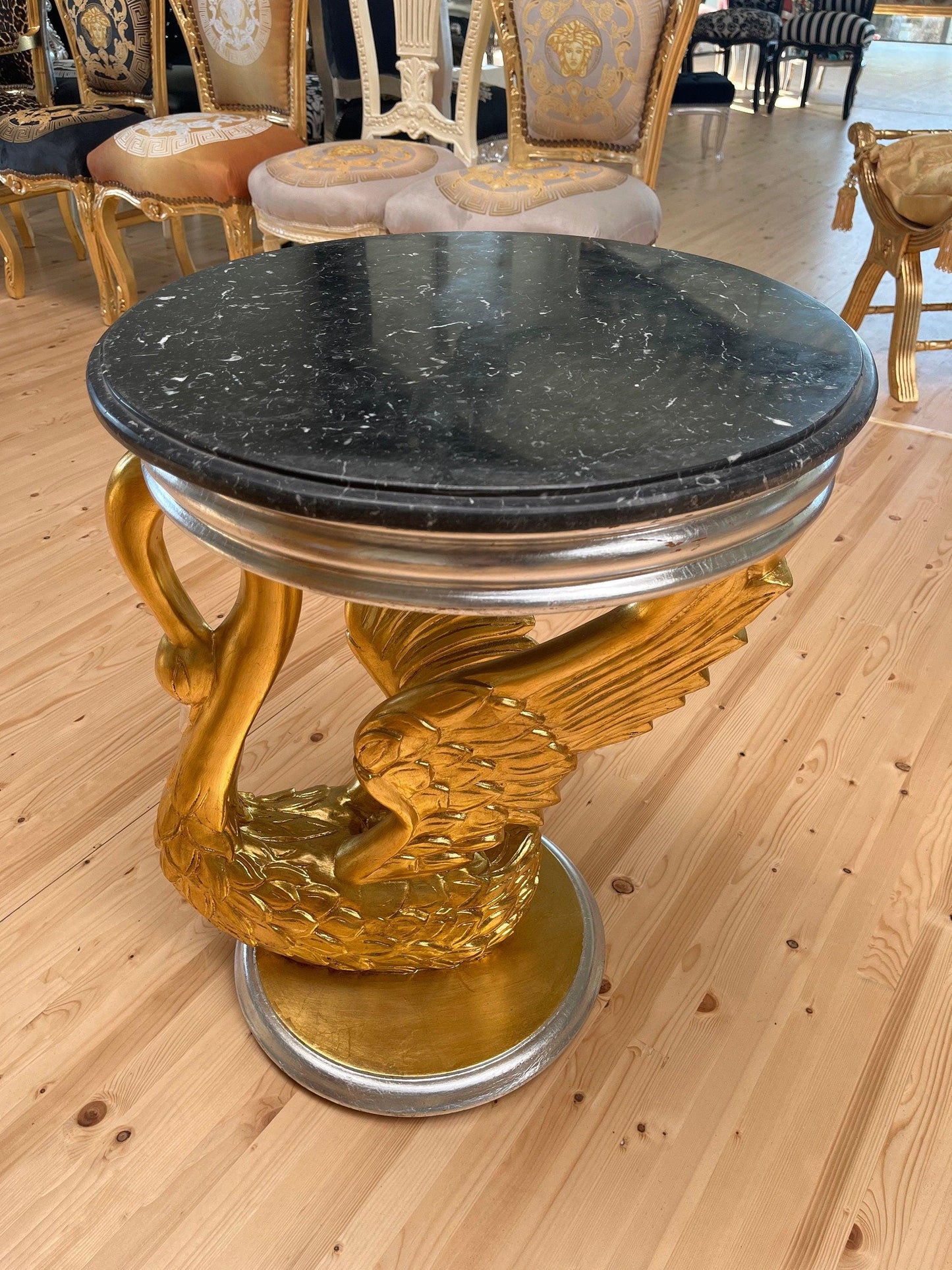 Royal Baroque Side Table Black Marble Top Round Cafe Table Silver Luxurious Side Table Gold Swan Stand & Marble Top for Living Room Decor