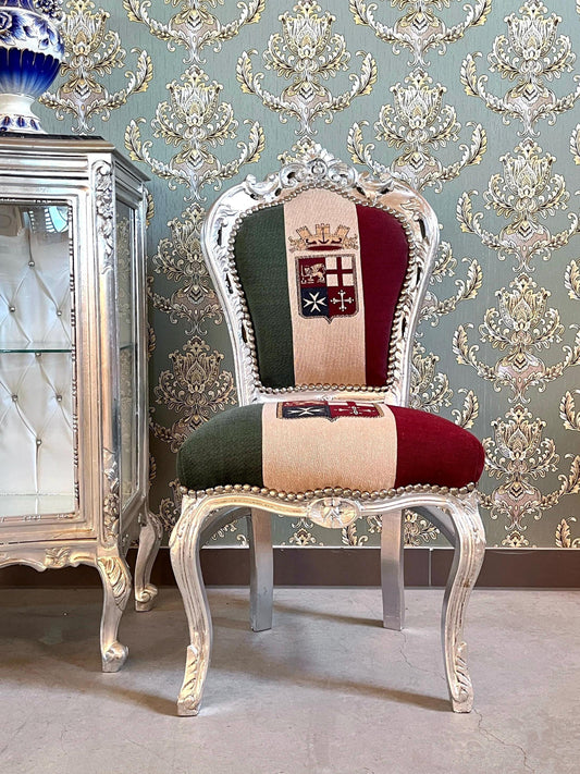 Accent Chair French Louis XV Style in Italian Flag Naval Crown Chair Retro Baroque Antique Style in Sliver Finish