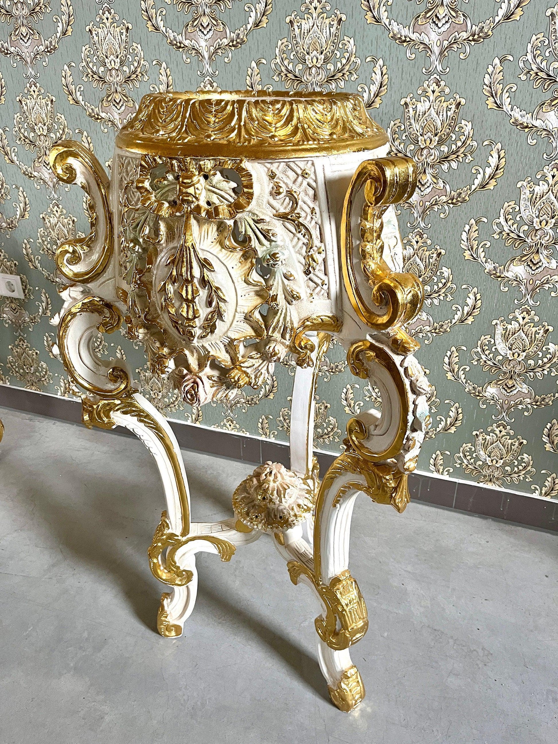 Deluxe Column French Baroque Style with Marble Slab Top Royal Home Decor Column in Gold Finish and Beige Marble
