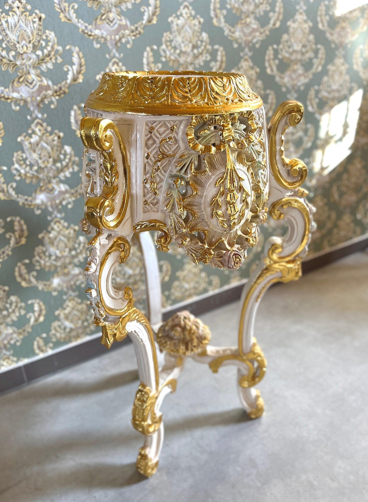 Deluxe Column French Baroque Style with Marble Slab Top Royal Home Decor Column in Gold Finish and Beige Marble