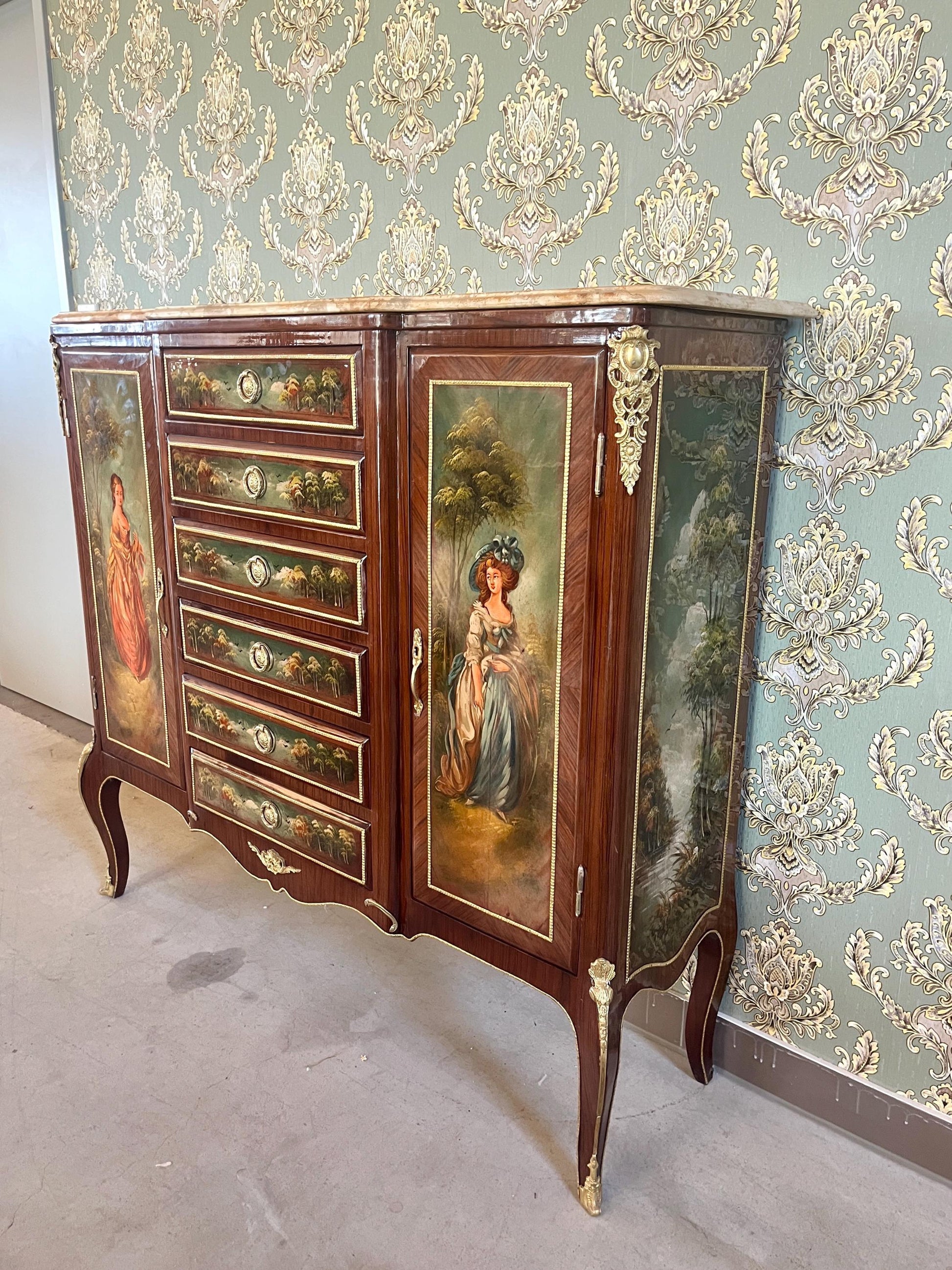 Wall Cabinet Antique Baroque Style Oil Painting Handpainted in front Retro French Cupboard with Marble Slab Top Noble Piece for Home Decor