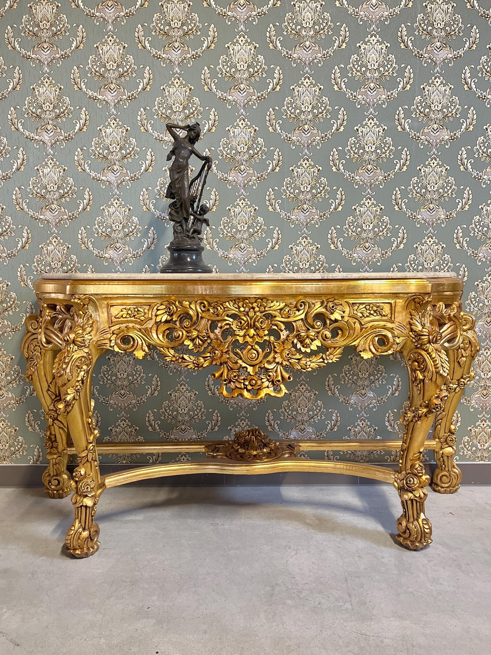 Console Table French Antique Style in Solid Wood Brown and Marble Slab Top Table Retro Baroque Style Gorgeous for Home Decor